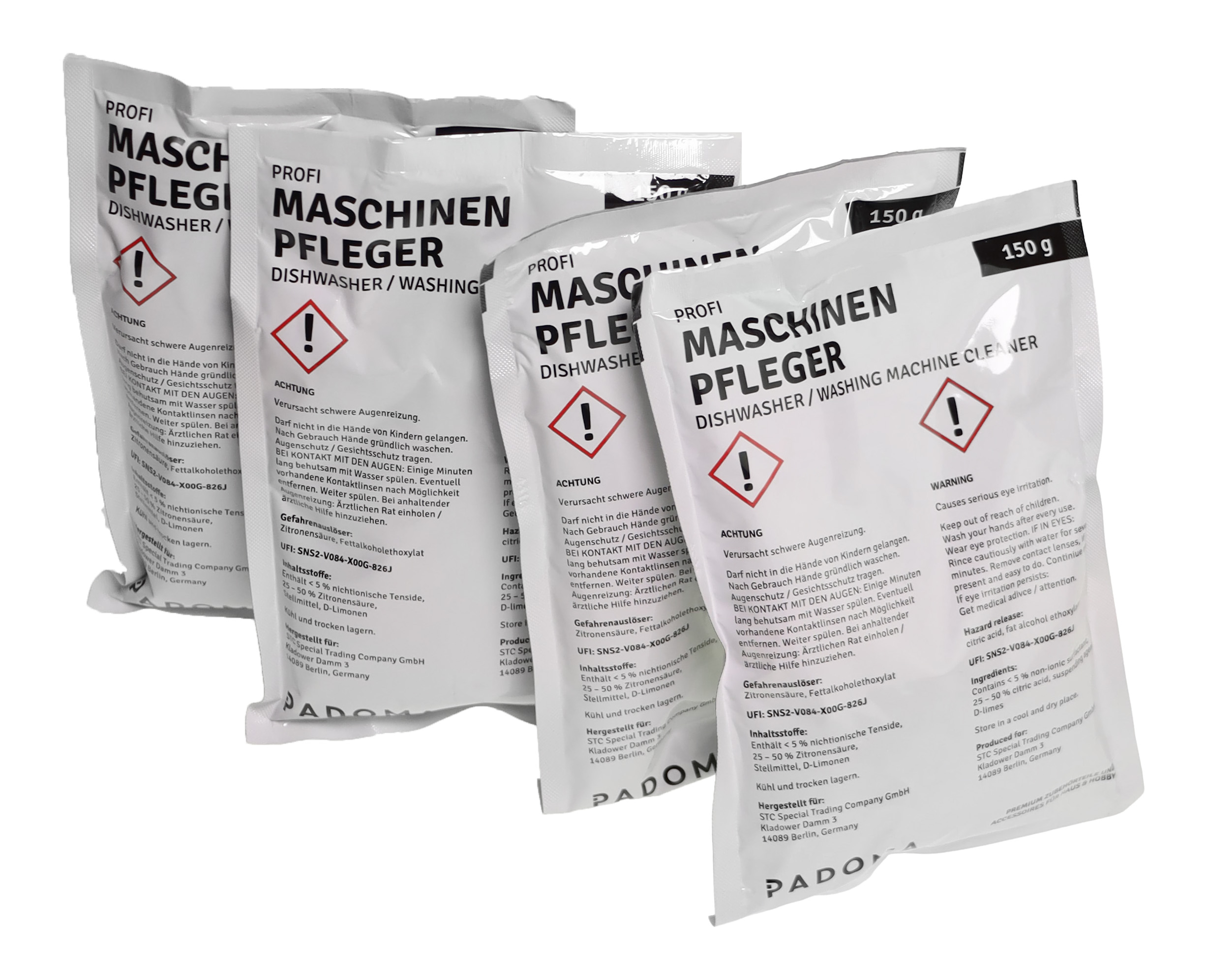 Drei Päckchen Maschinenpfleger für Spül-/Waschmaschinen. Warnhinweis und Inhaltsstoffe.