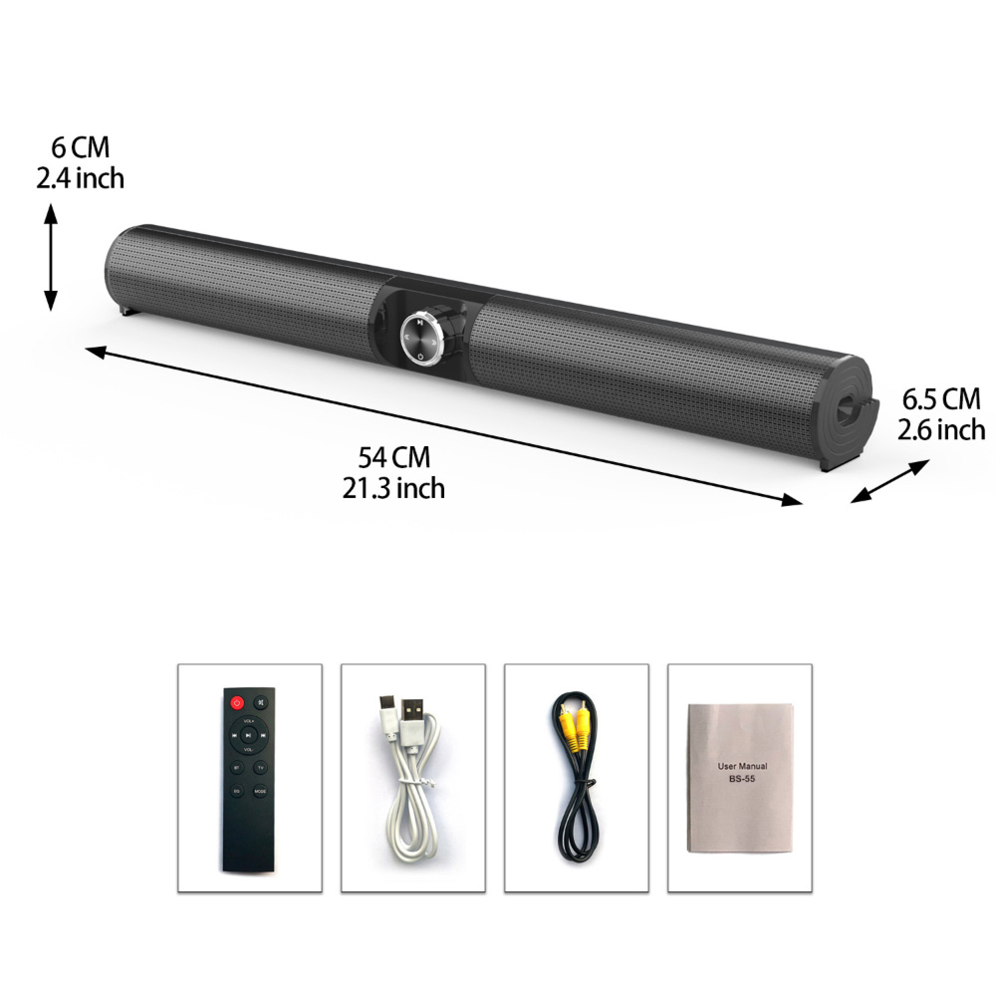 Schwarze Soundbar mit Fernbedienung, USB-Kabel, AV-Kabel und Handbuch.