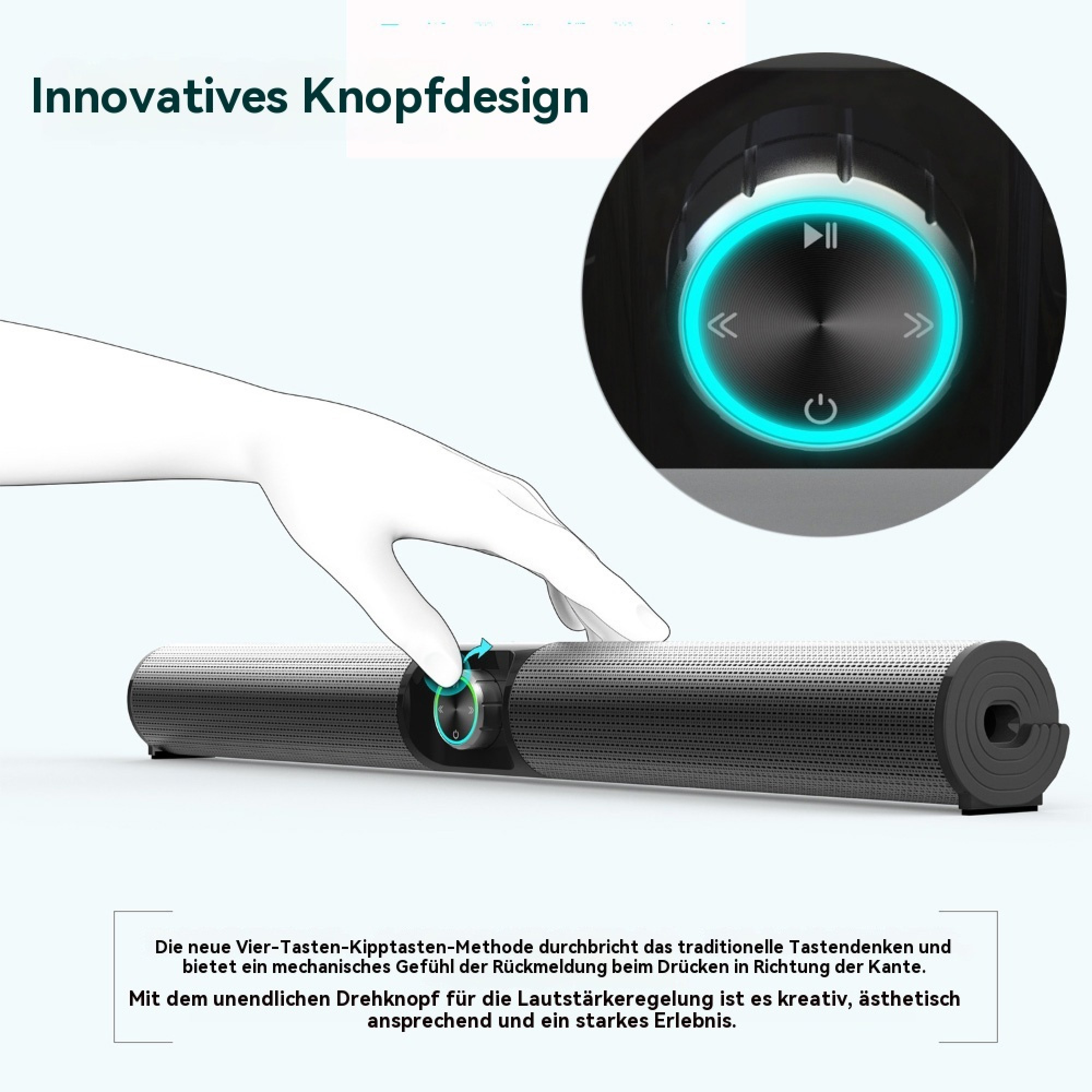Ein Finger drückt auf einen Drehknopf einer dunklen Soundbar mit leuchtend blauem Ring.