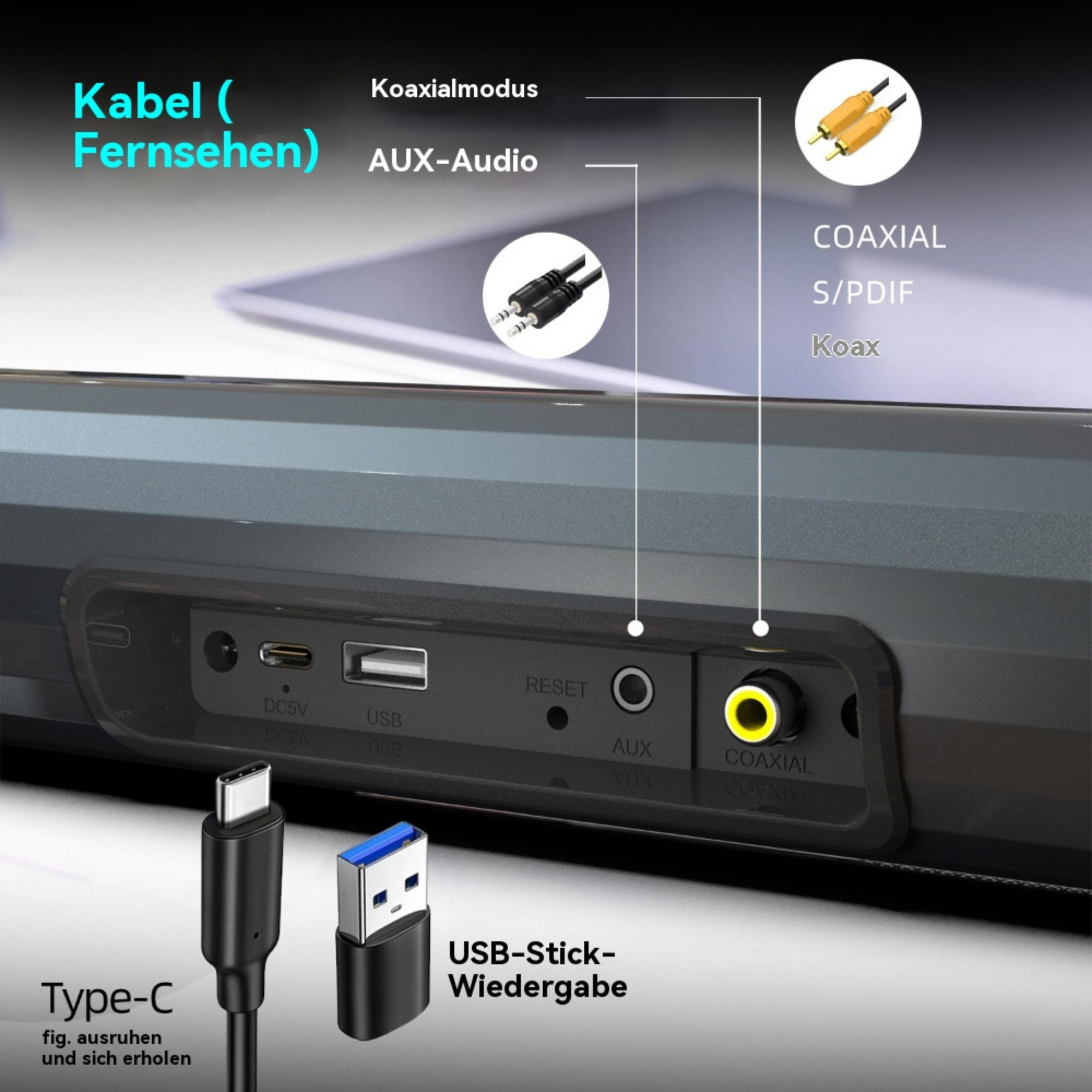 Anschlussübersicht: USB, AUX, Koaxial, Typ-C. Kabel für Fernsehen, Audio.