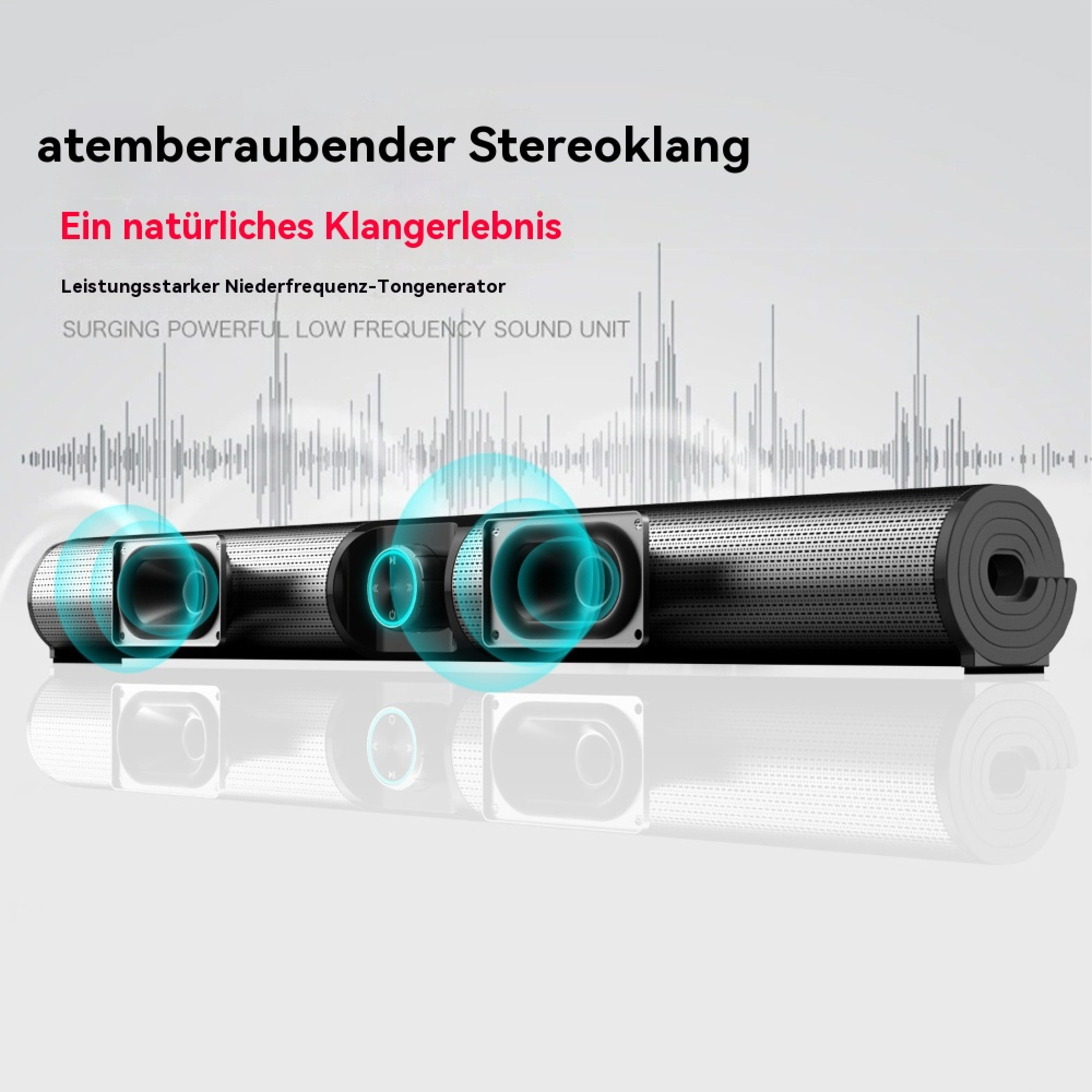 Schwarzer Lautsprecher mit Frequenzdiagramm und blauen Wellen.