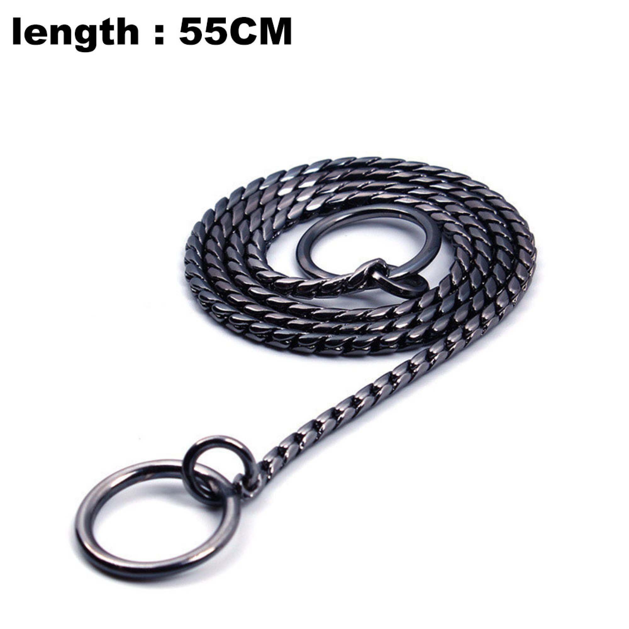 Eine dunkle Metallkette mit zwei Ringen, 55 cm lang.