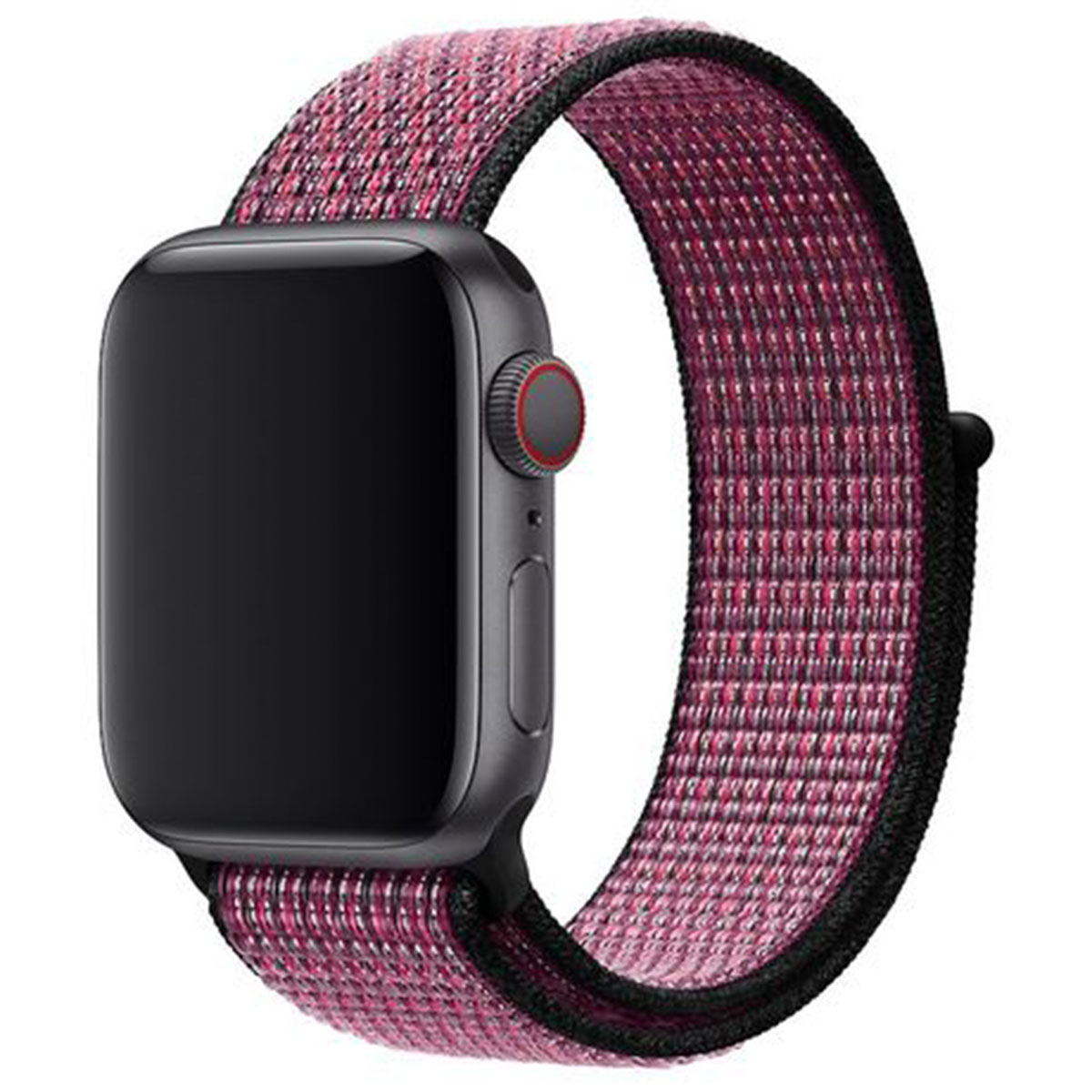 Graue Smartwatch mit einem rot-pinken Stoffarmband und schwarzem Rand.