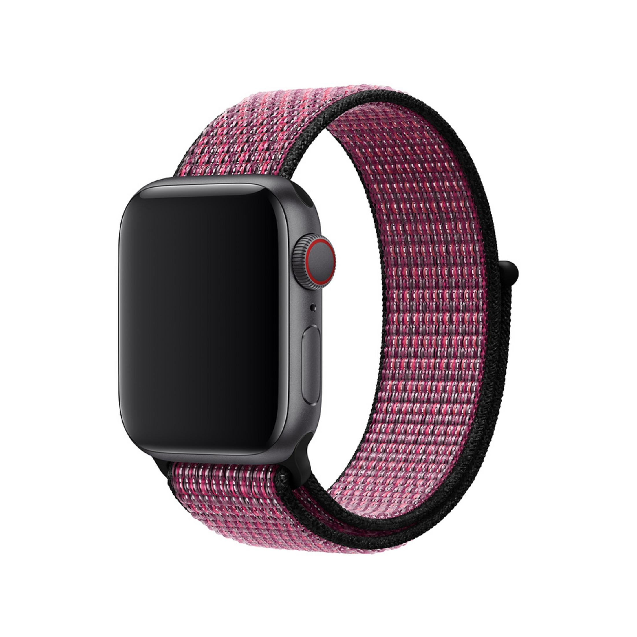 Graue Smartwatch mit einem rosa-schwarzen Armband aus Gewebe.
