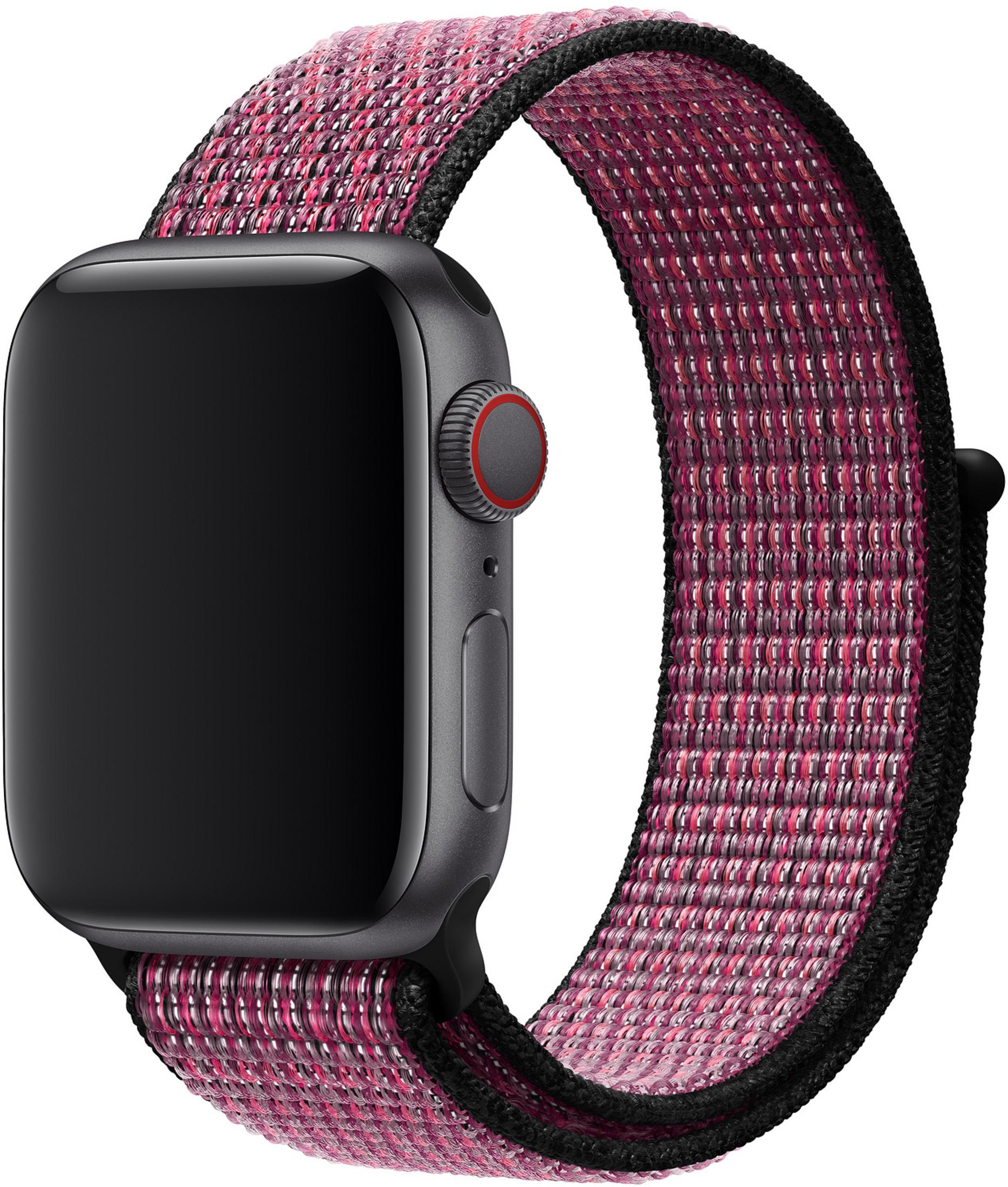Graue Smartwatch mit pink/rotem Stoffarmband auf weißem Hintergrund.