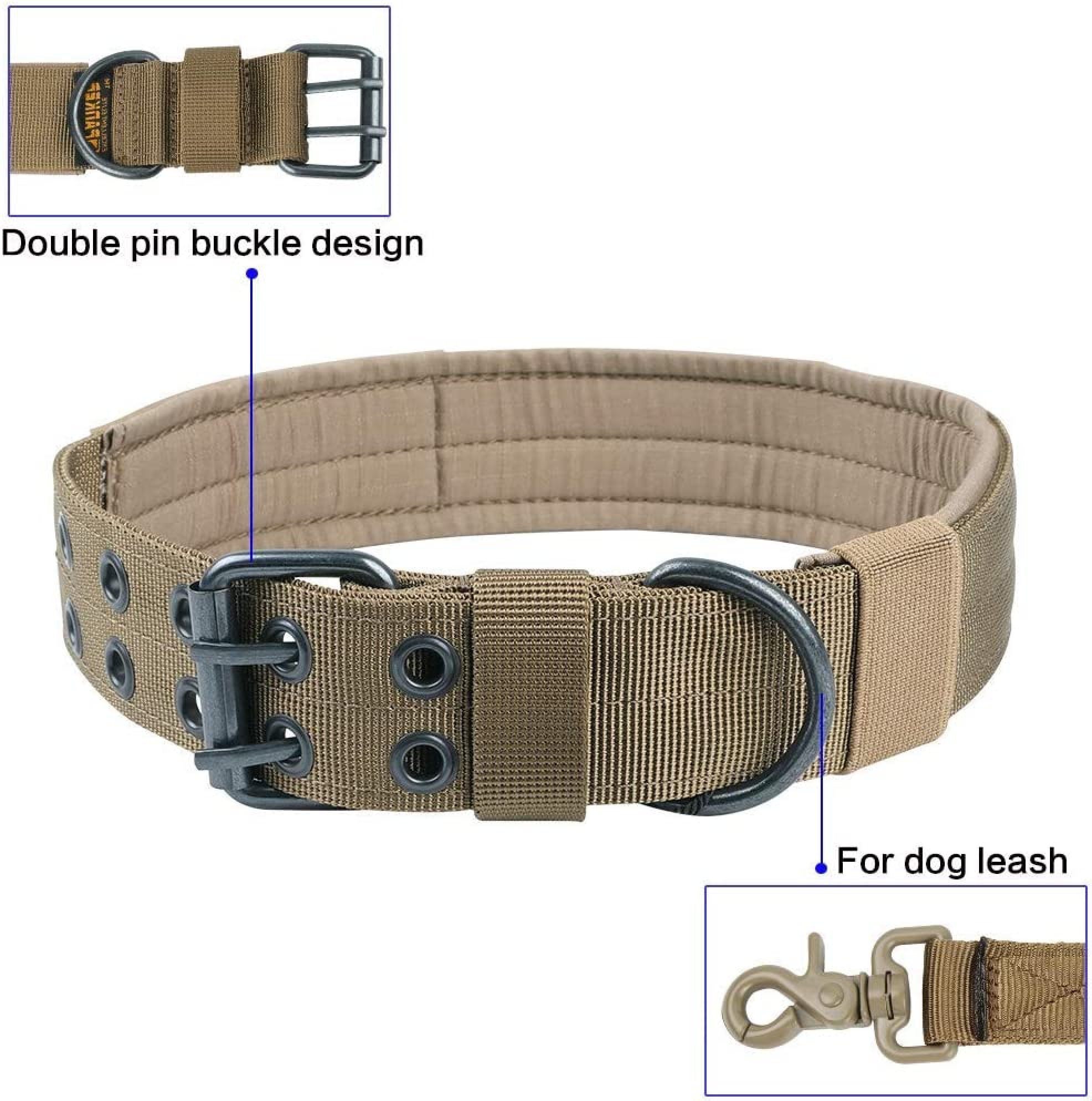 Ein braunes Hundehalsband mit doppeltem Dornverschluss und D-Ring.