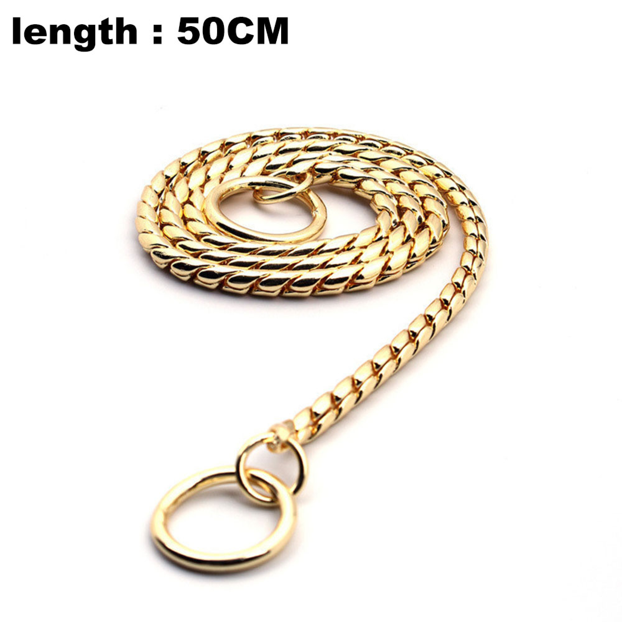 Eine goldene Kette mit zwei Ringen, 50 cm lang, auf weißem Hintergrund.