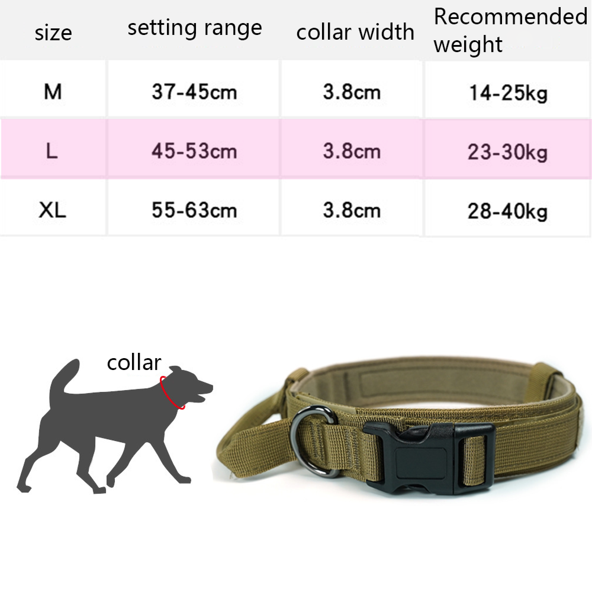 Größentabelle für Hundehalsbänder mit Größen M, L, XL.