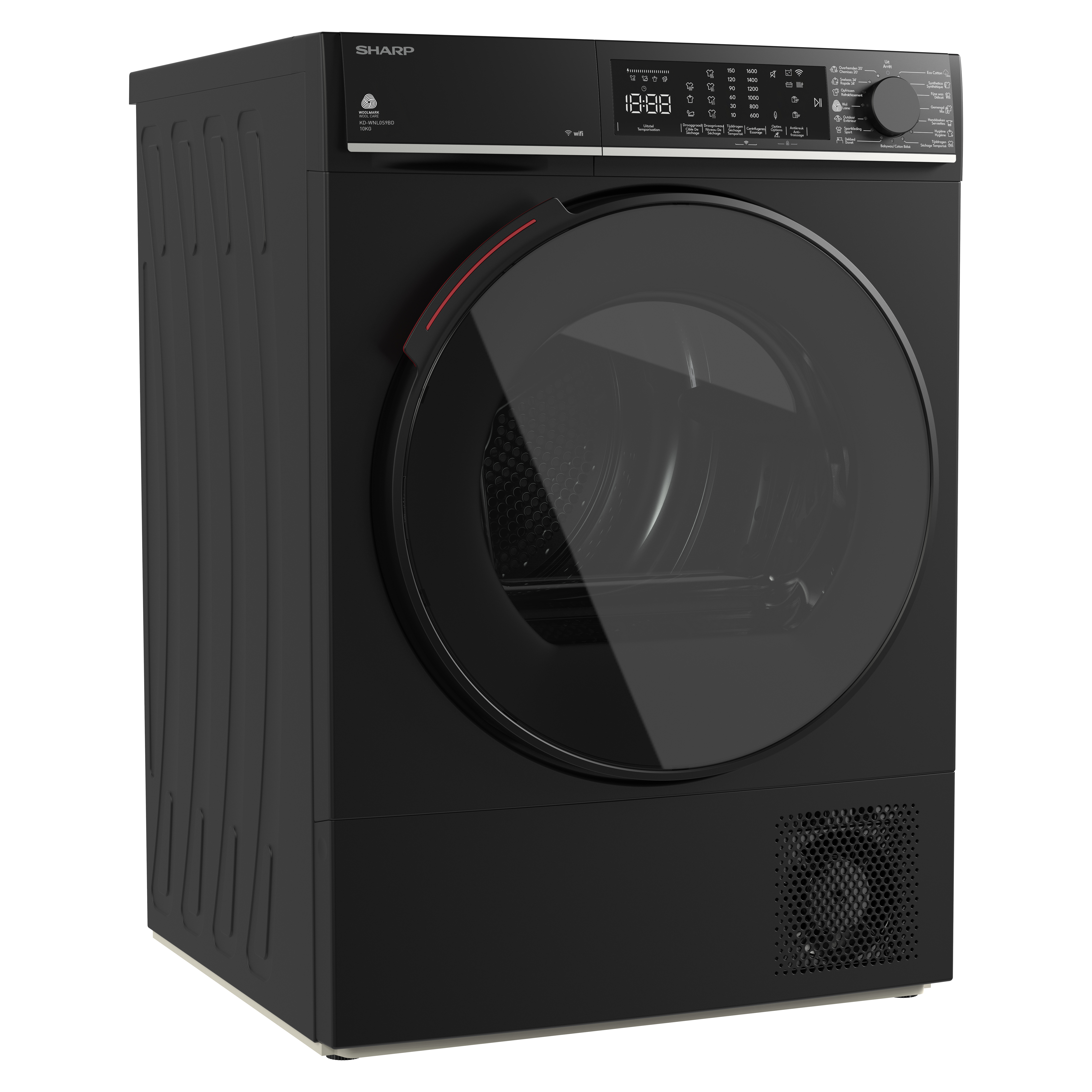 Black tumble dryer with a round glass door and a digital control panel.