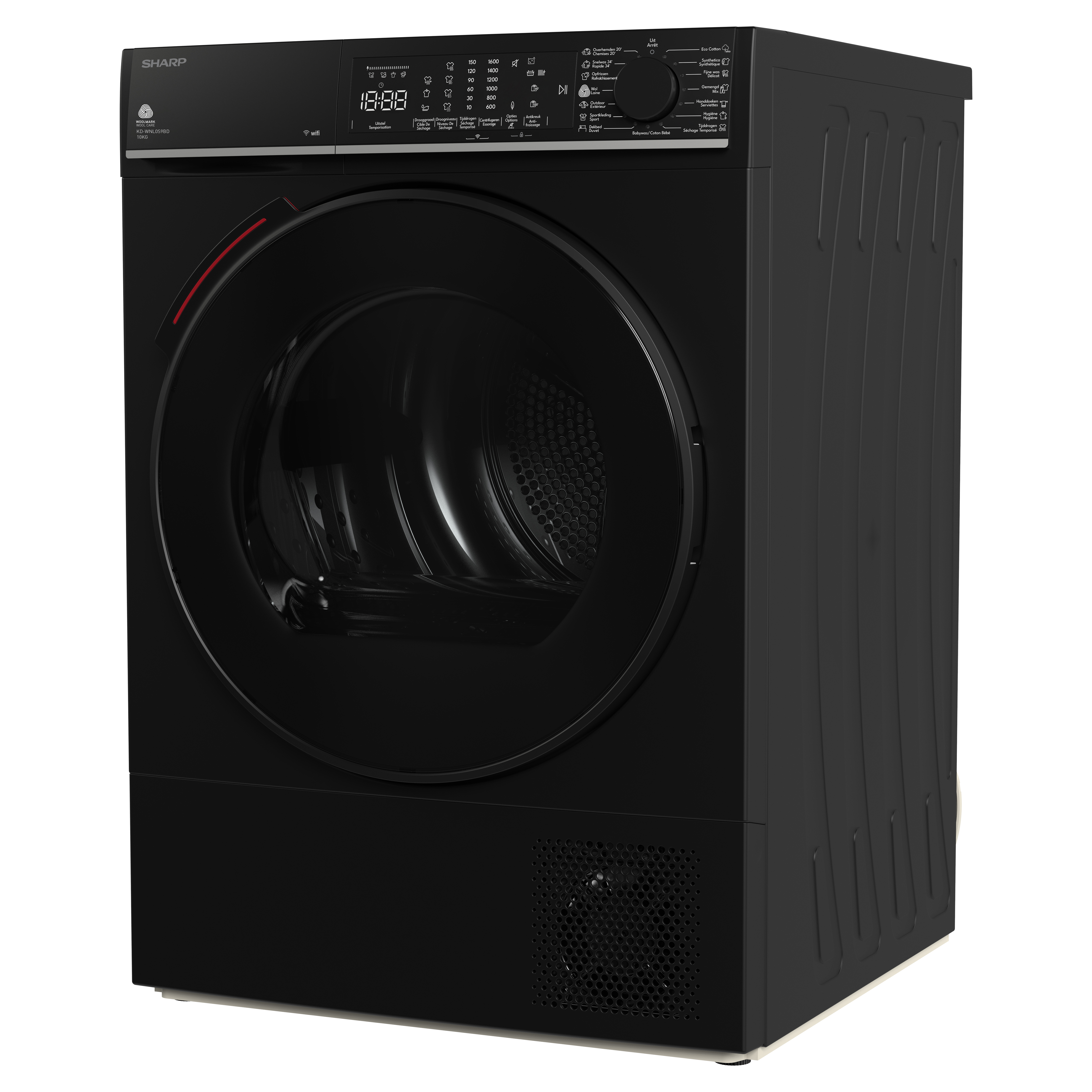 Black Sharp tumble dryer with digital display and control panel.
