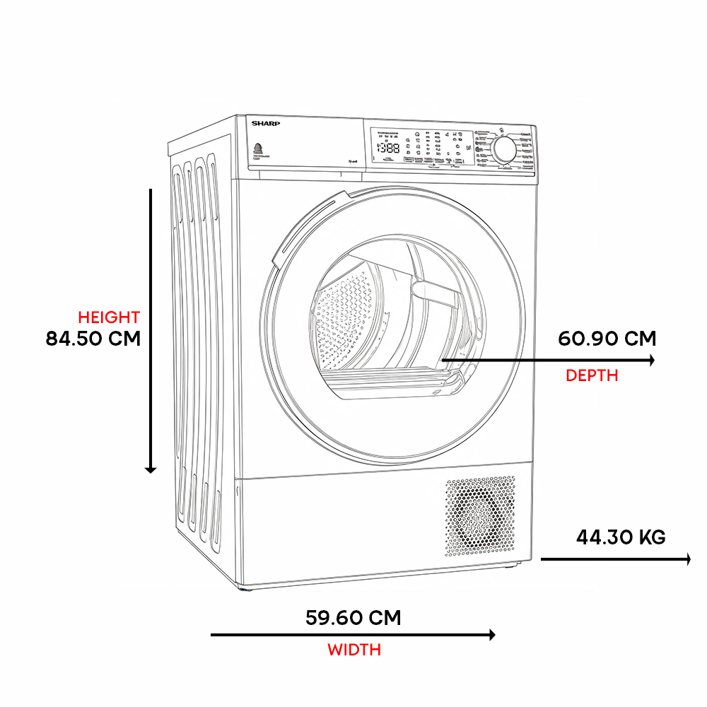 A white dryer with dimensions: Height 84.50 cm, Width 59.60 cm, Depth 60.90 cm, Weight 44.30 kg.