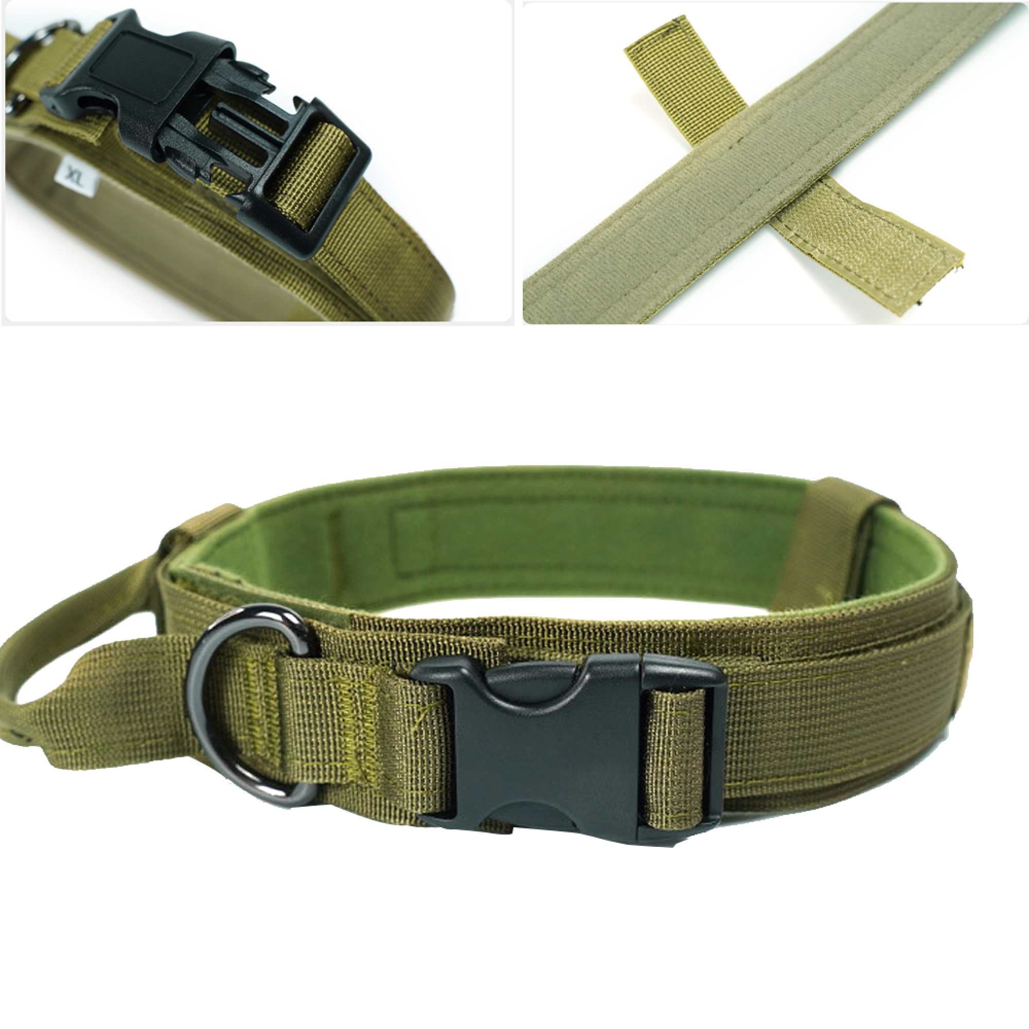 Ein olivgrüner Hundehalsband mit schwarzer Schnalle und Metallring.