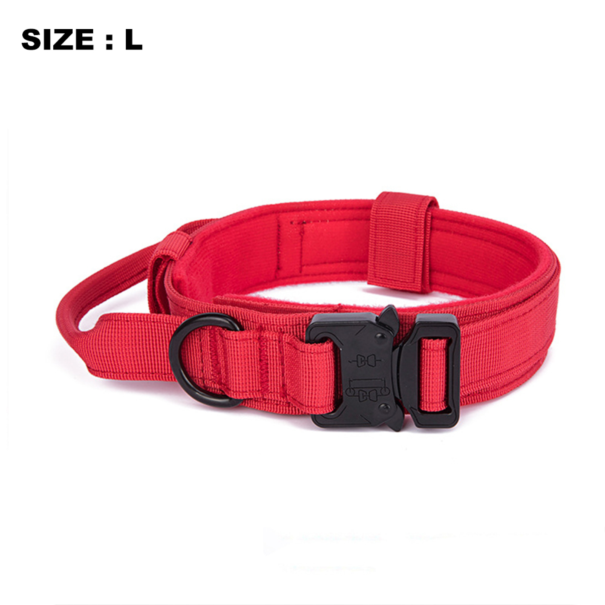 Rotes Hundehalsband mit schwarzer Metallschnalle und D-Ring.