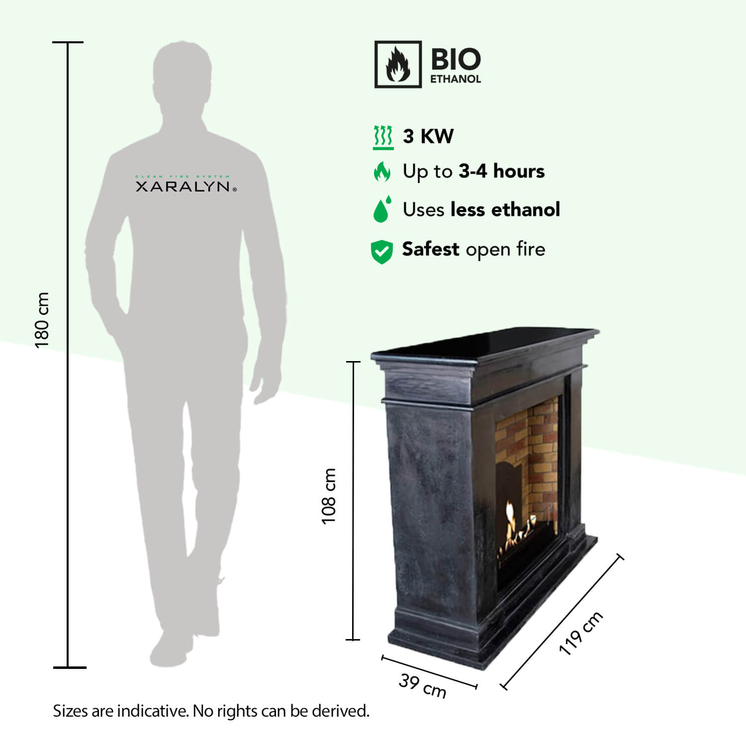 Bio-ethanol haard, 3 KW, 3-4 uur brandtijd. Getoond met figuur van 180cm.