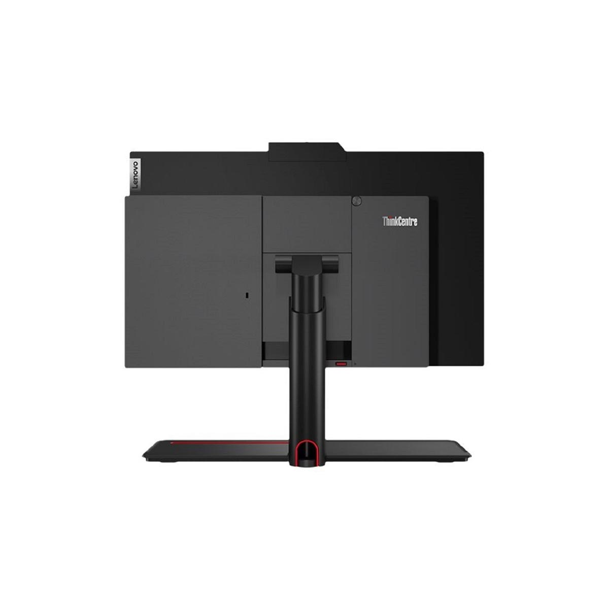 Tył czarnego monitora Lenovo ThinkCentre z podstawą w kształcie litery T z czerwonymi akcentami.