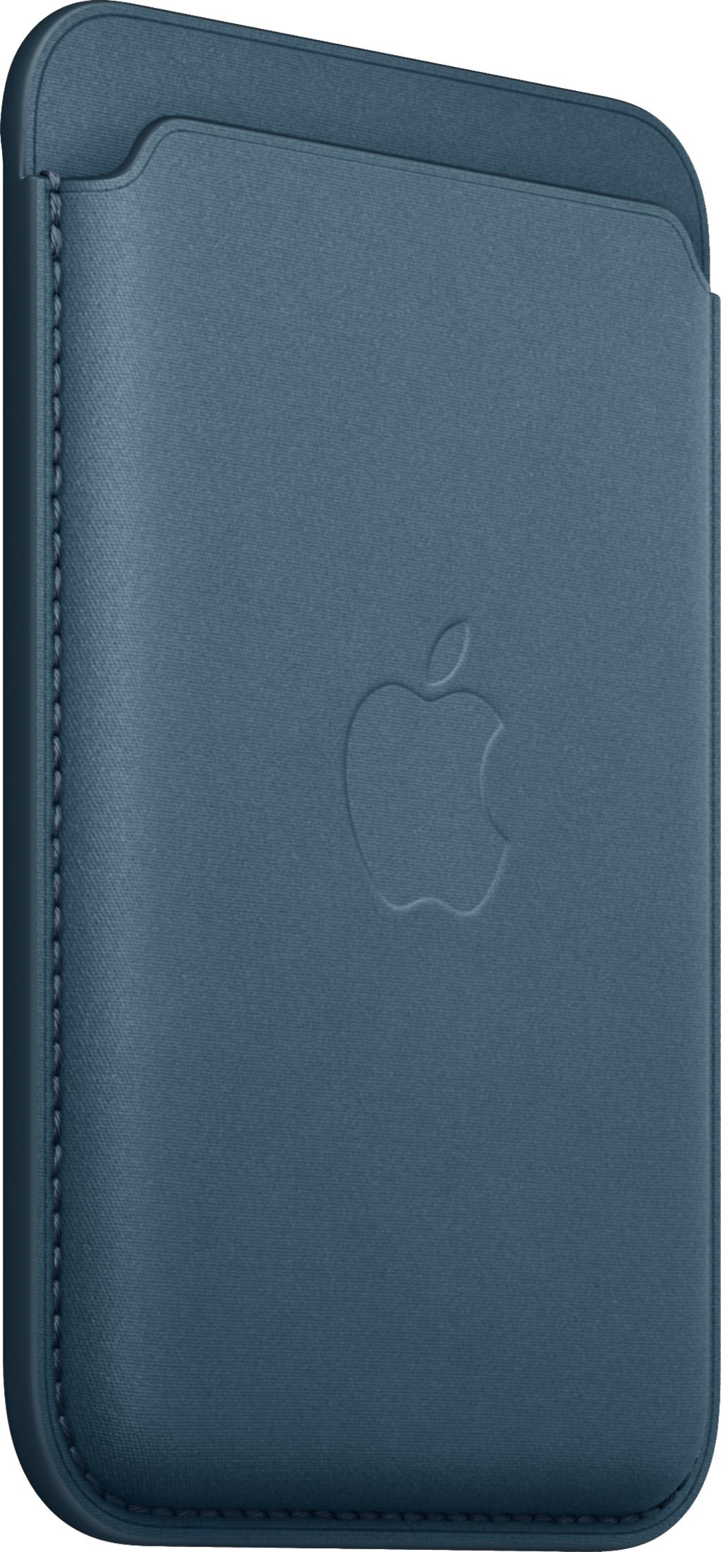 Blauer Kartenhalter aus Stoff mit Apple-Logo.