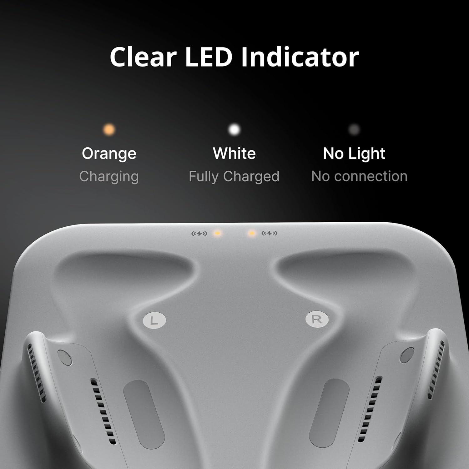 Funda de carga gris con marcas L y R e indicadores LED.