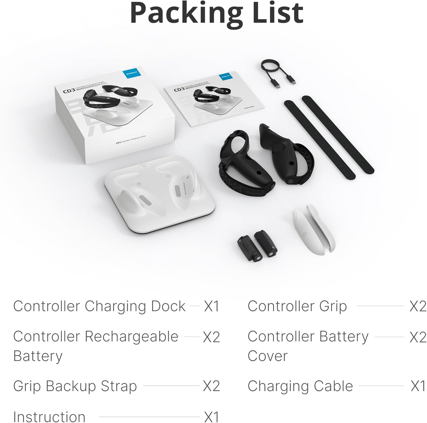 Lista de empaque para combo de carga de control CD3: base, agarres, baterías, cables, correas e instrucciones.