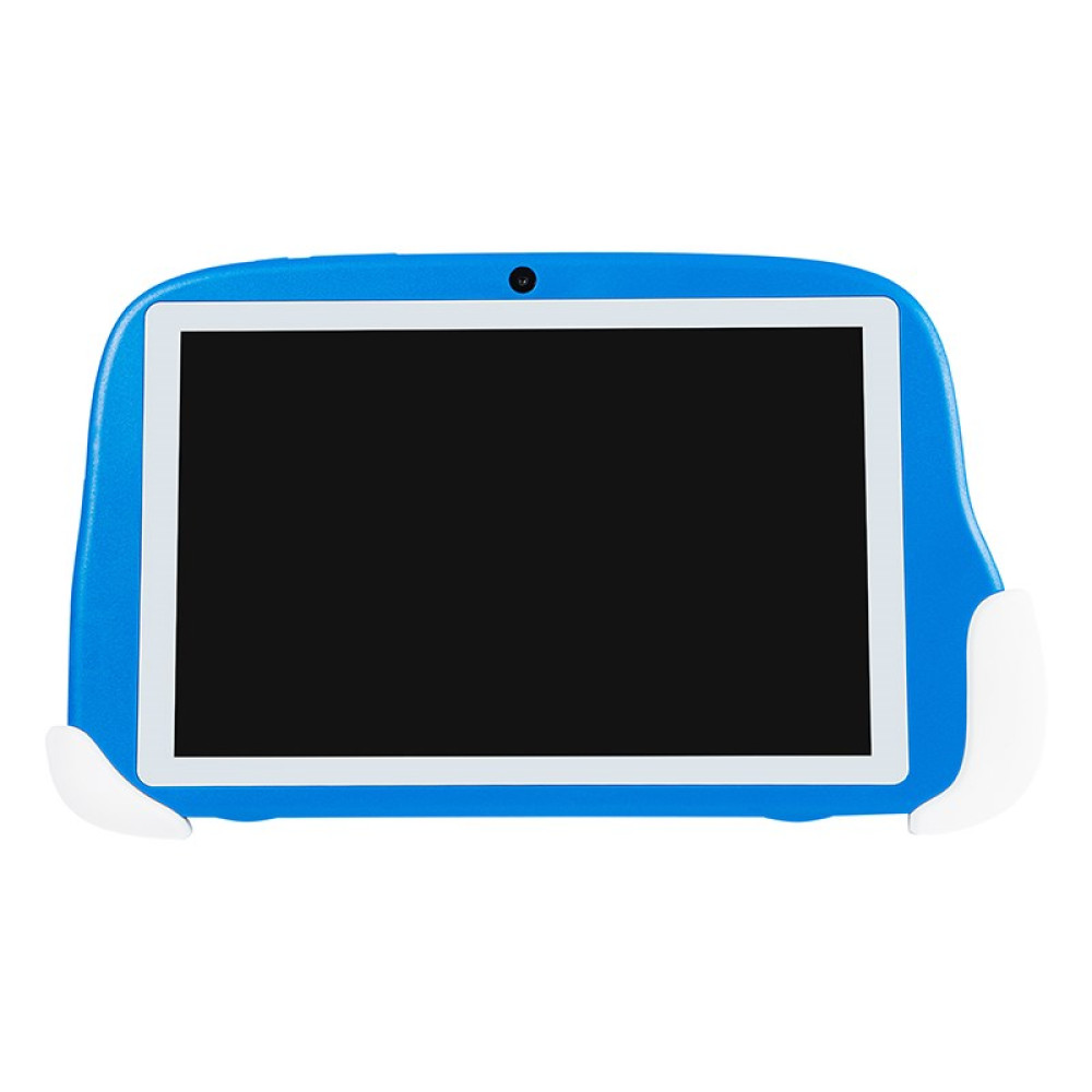 Niebieski tablet z czarnym ekranem i białymi uchwytami. Widoczna kamera.