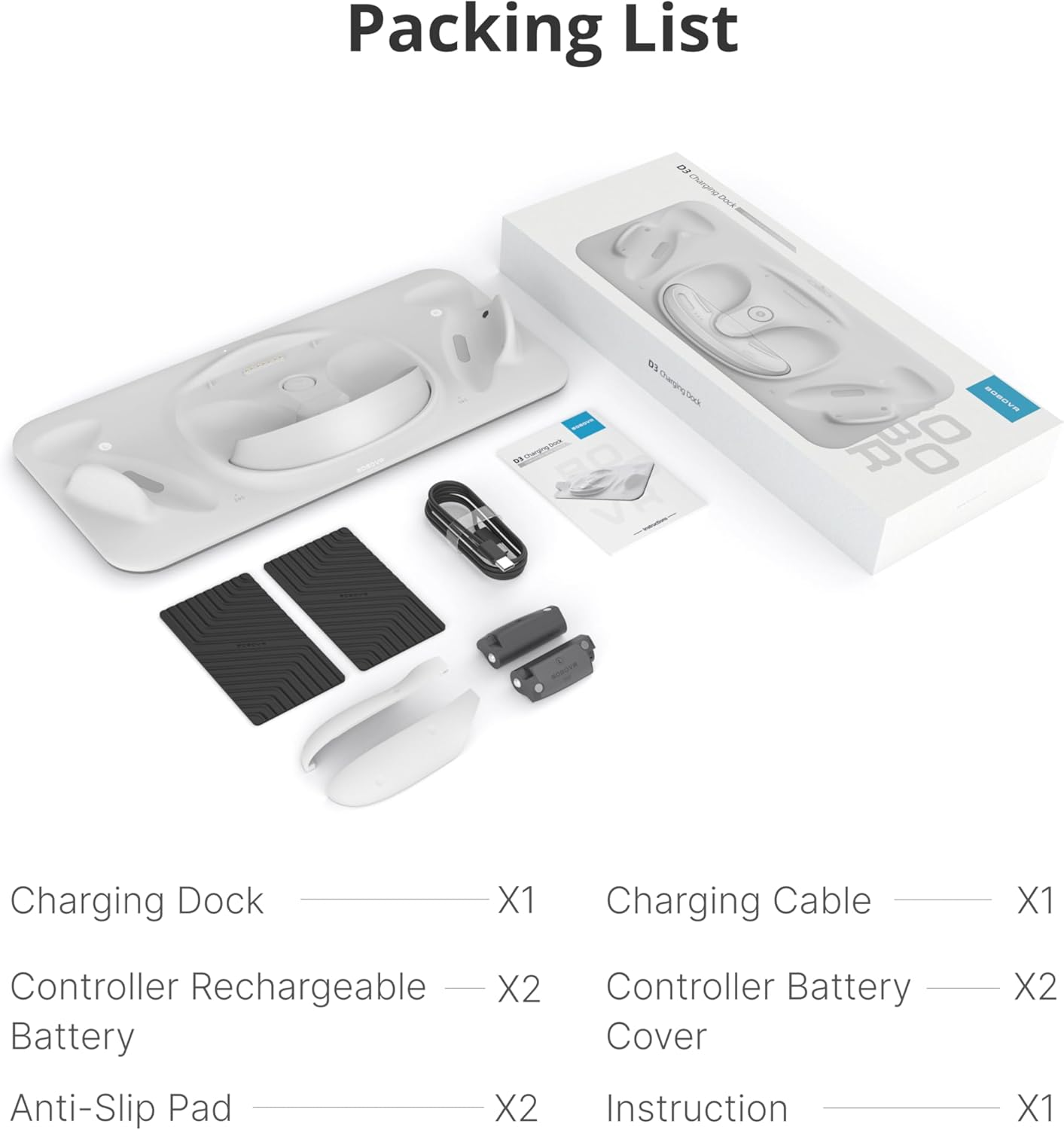 Lista de empaque con base de carga, cable, baterías, almohadillas e instrucciones.