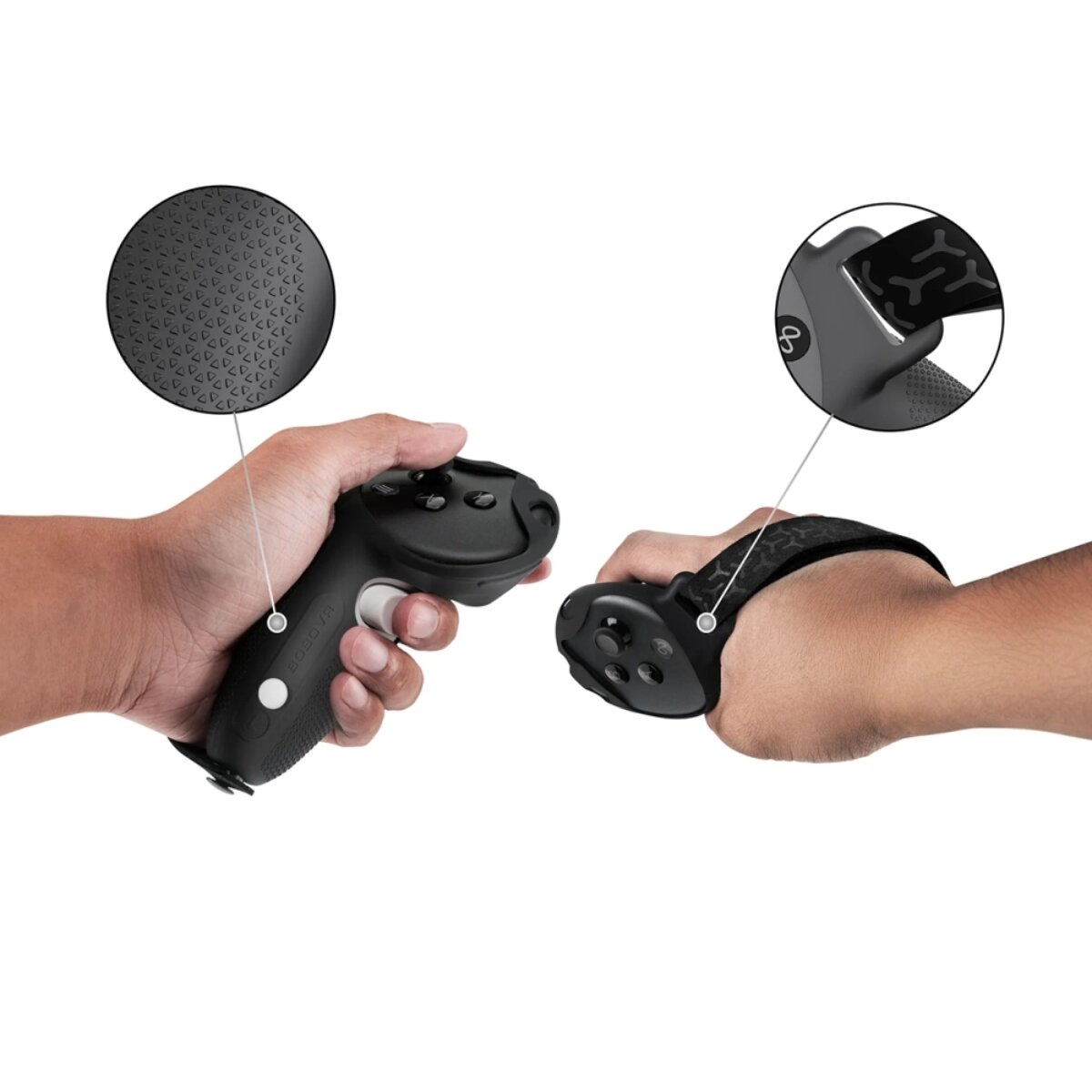 Manos sujetando mandos VR. Un mando muestra detalle de agarre de goma, el otro correa de muñeca.
