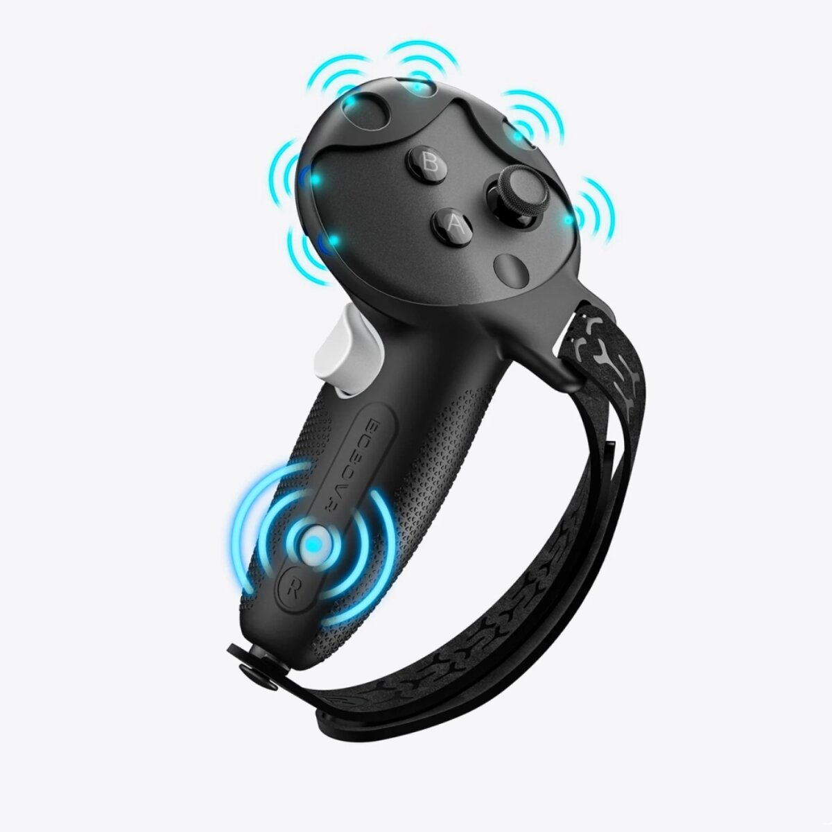 Controlador VR negro con efectos de luz azul y correa para la muñeca.