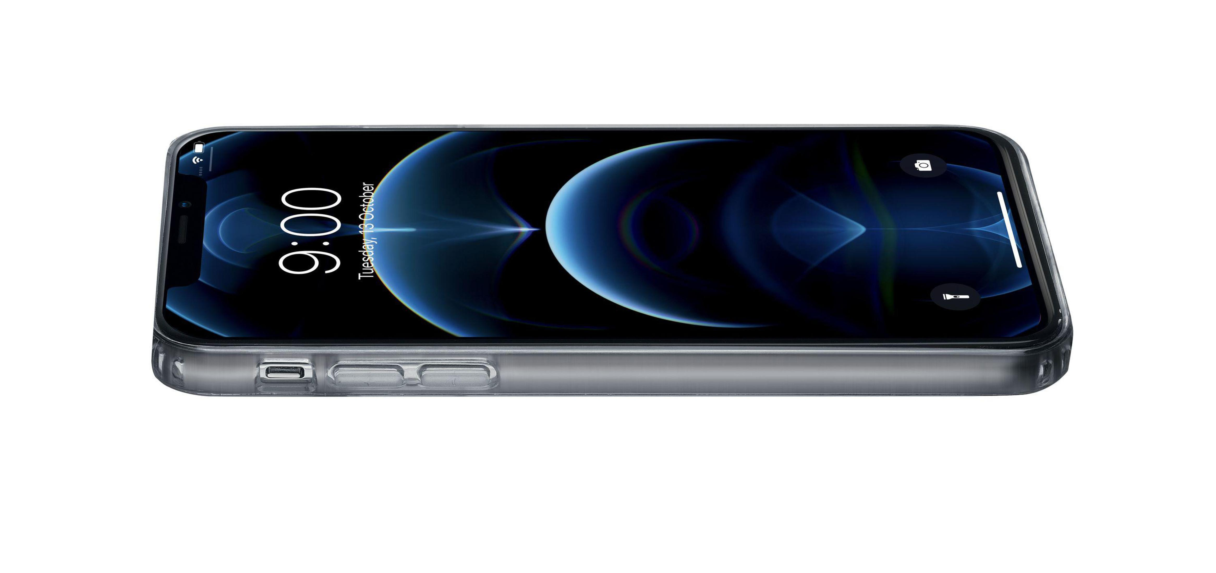 Un iPhone trasparente con sfondo blu che mostra le 9:00 sulla schermata di blocco.