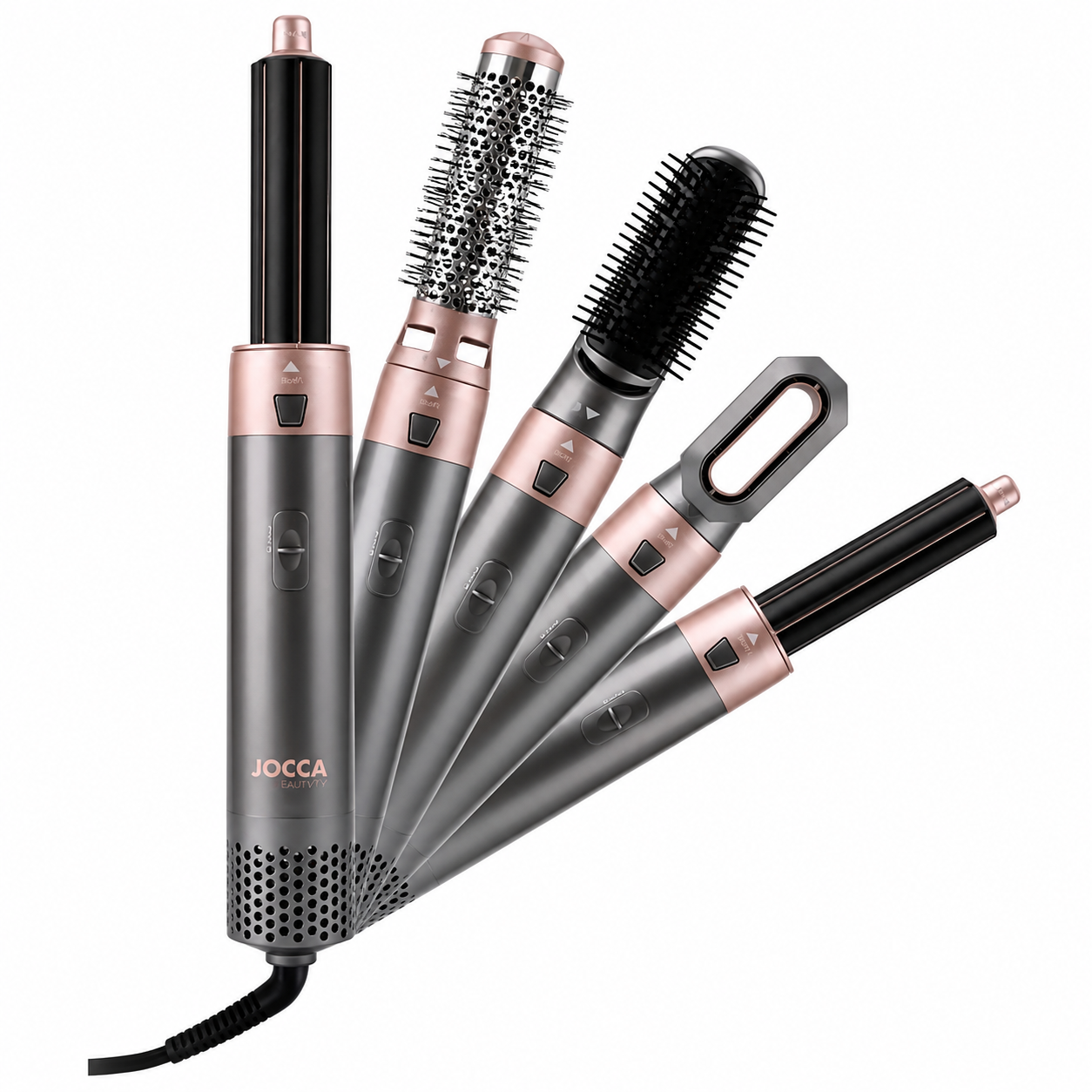 Un set di strumenti per lo styling dei capelli JOCCA BEAUTY con accessori intercambiabili grigio e oro rosa.