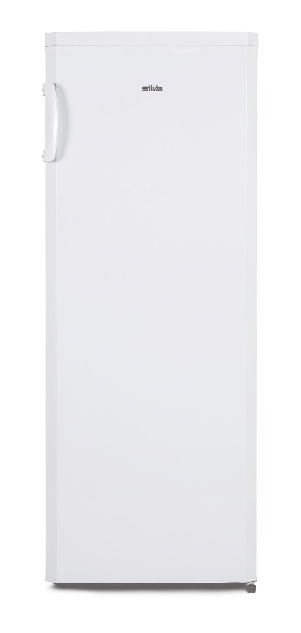Ein weißer Kühlschrank mit silbernem Griff und Logo.