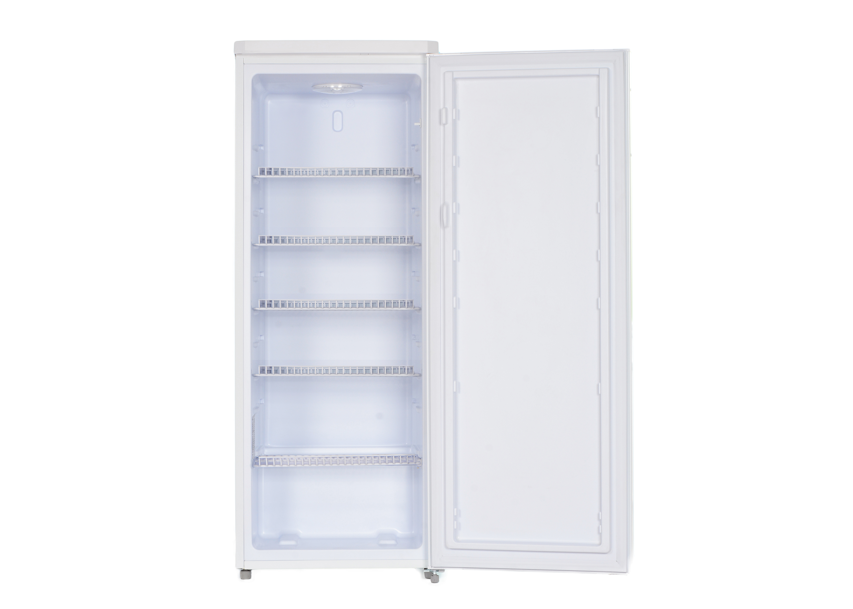 Ein leerer, weißer Kühlschrank mit offener Tür und Regalen.