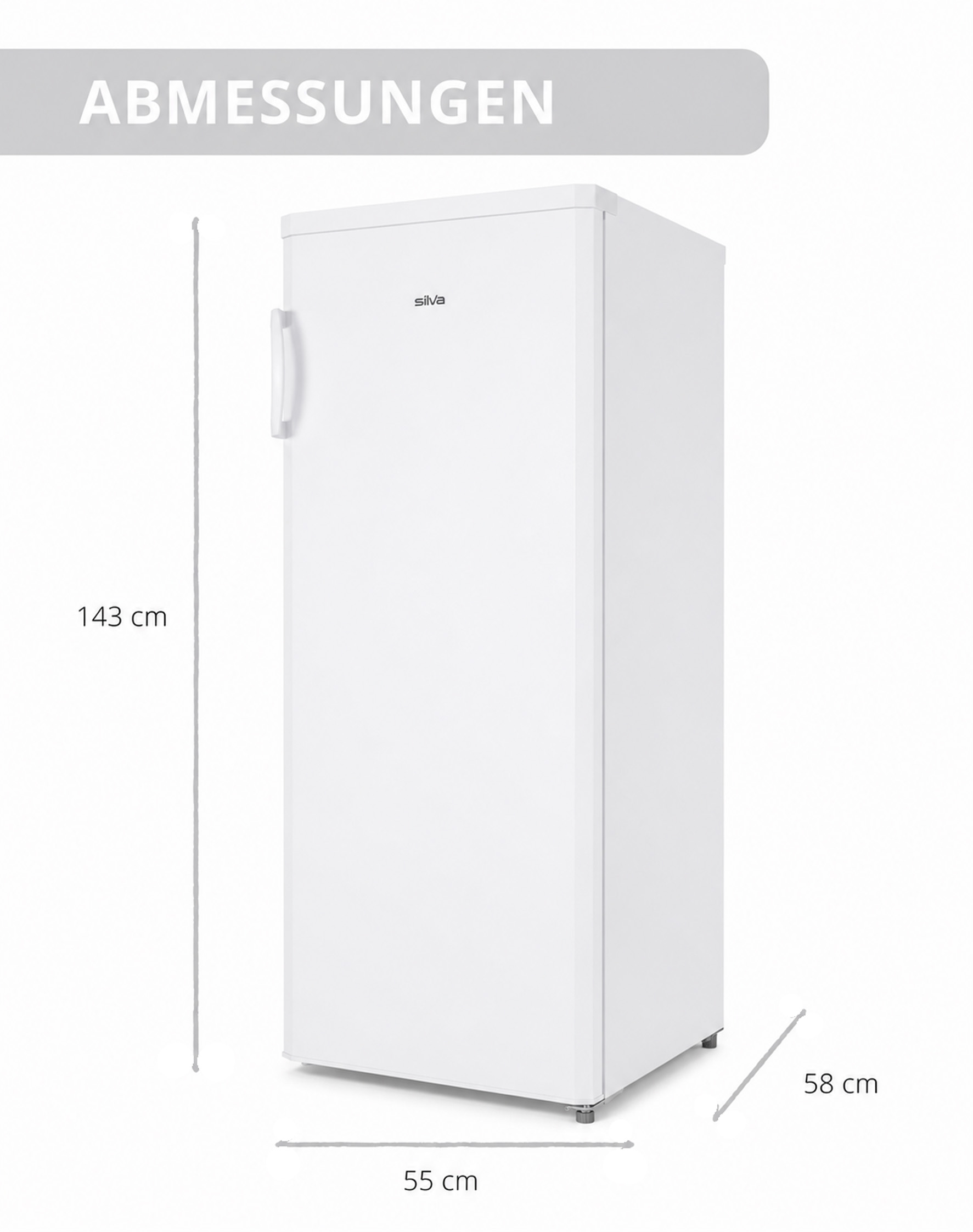 Ein weißer Kühlschrank mit den Maßen 143x55x58 cm.