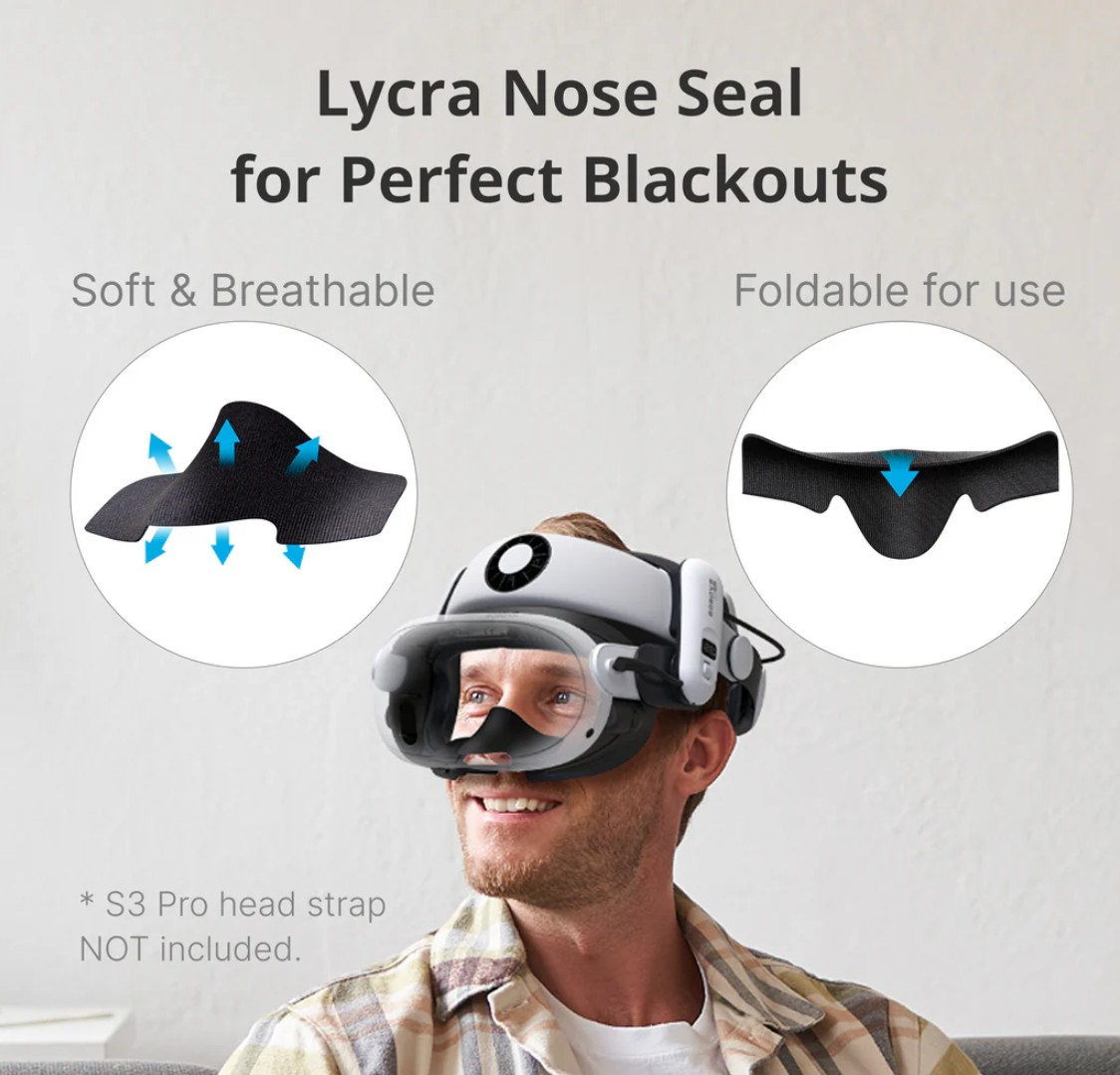 Hombre con gafas VR y sello nasal de lycra. Izq: transpirable, der: plegable.
