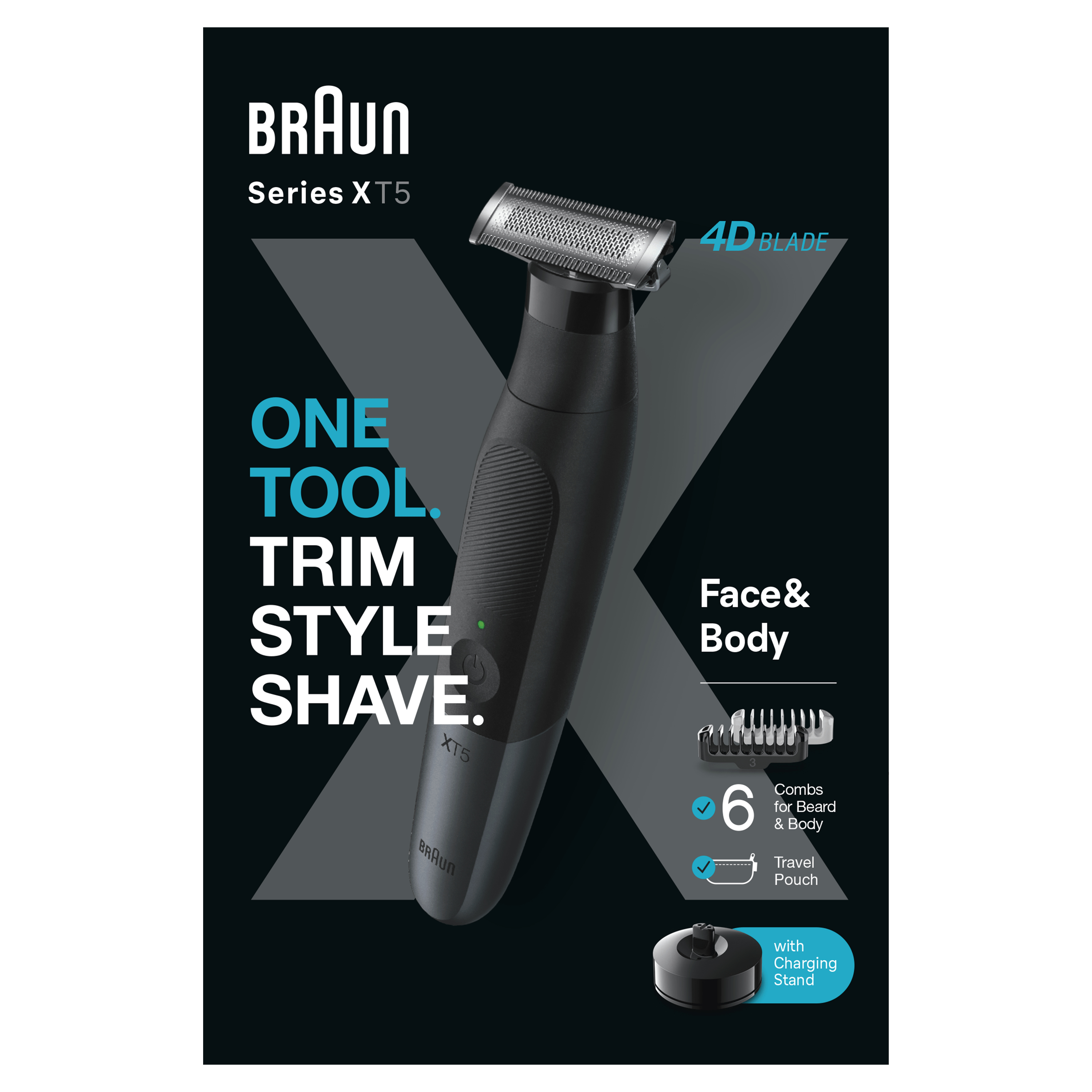 Braun Series XT5 Elektrischer Trimmer für Gesicht & Körper, mit 4D-Klinge, 6 Kämmen & Ladestation.