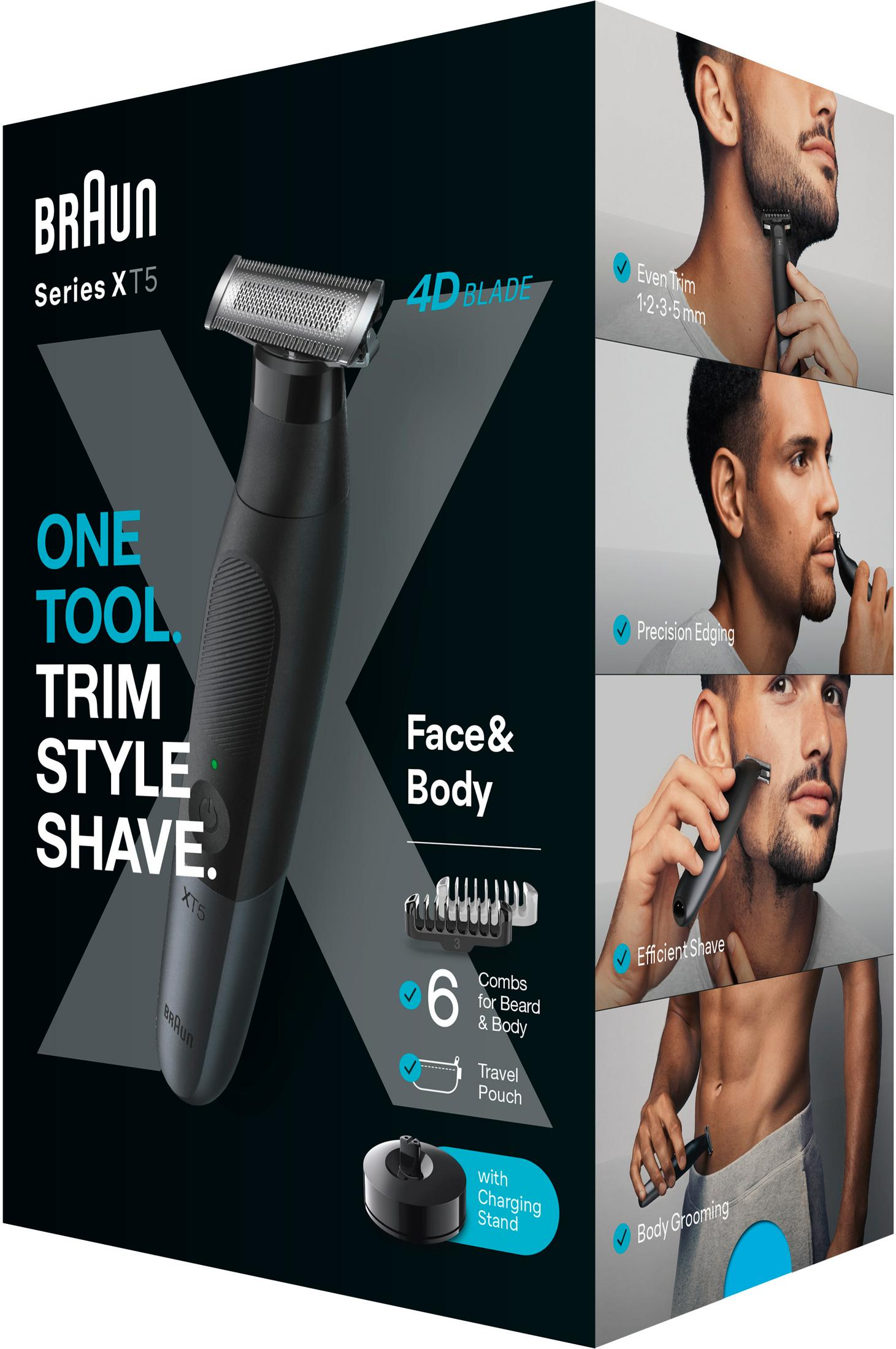 Braun Series XT5 Trimmer-Verpackung mit Bildern von Gesichts- und Körperpflege.