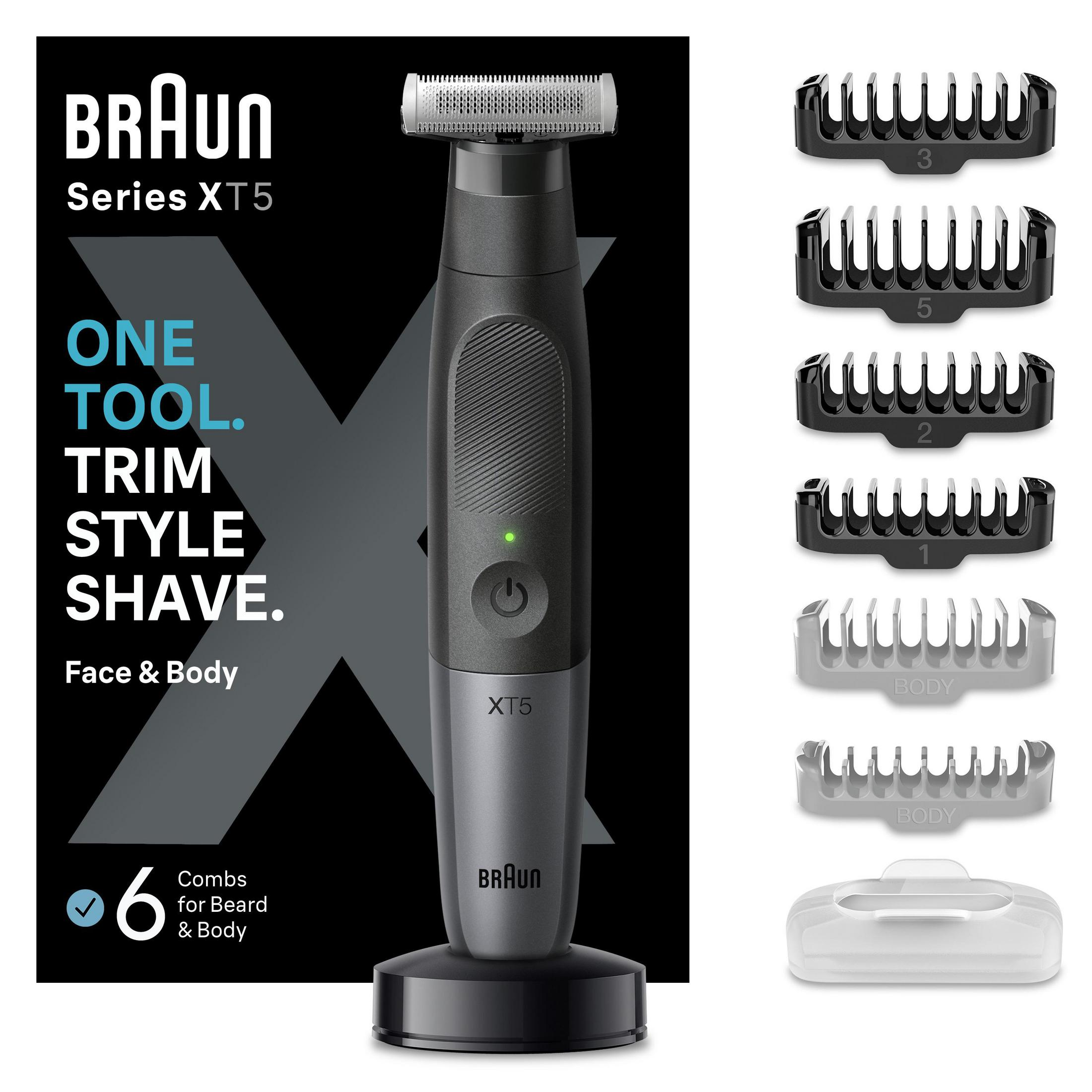 Braun Series XT5 Trimmer mit Aufsätzen und Ladestation auf schwarzem Hintergrund.