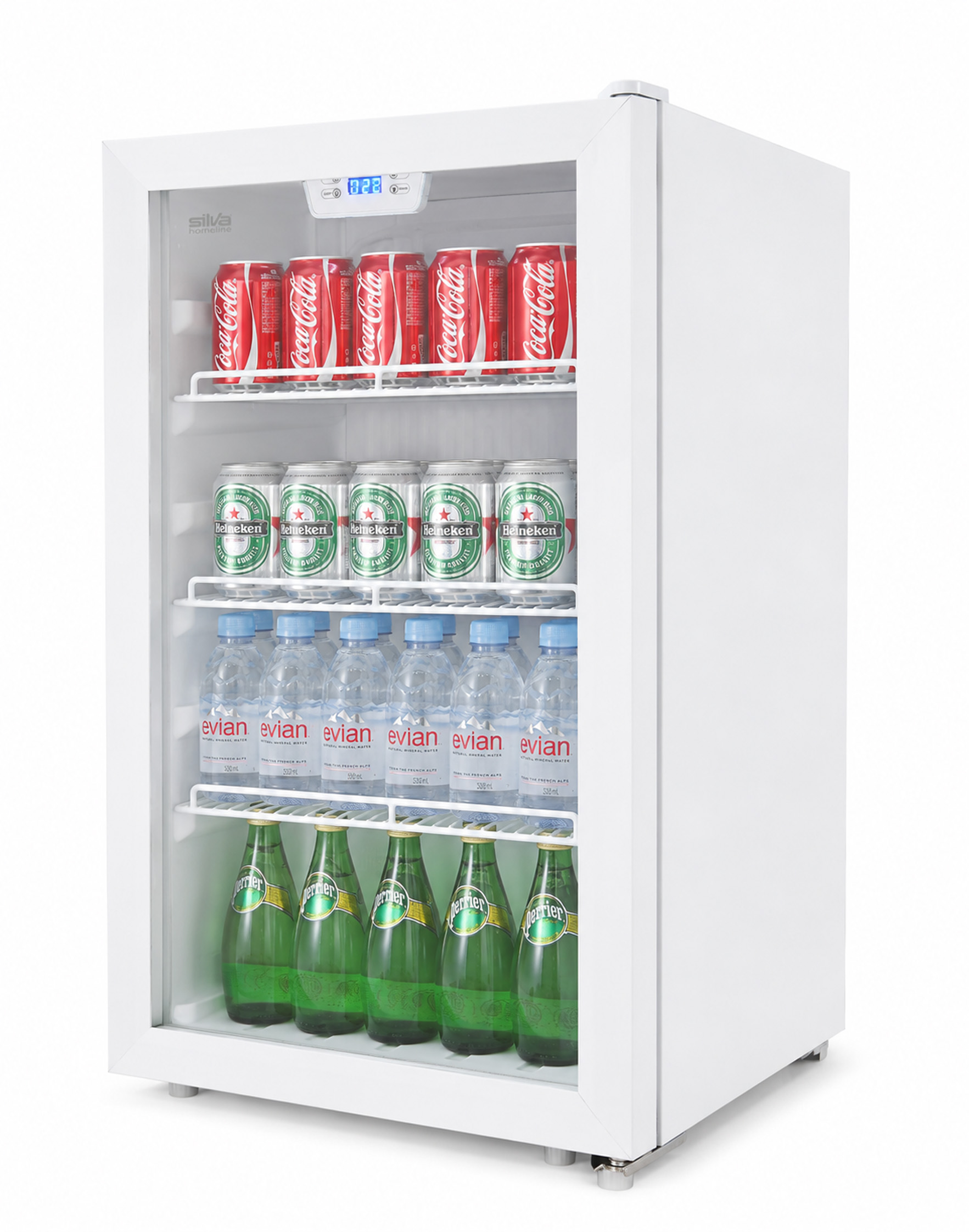 Ein weißer Kühlschrank mit Coca-Cola, Heineken und Evian-Flaschen.