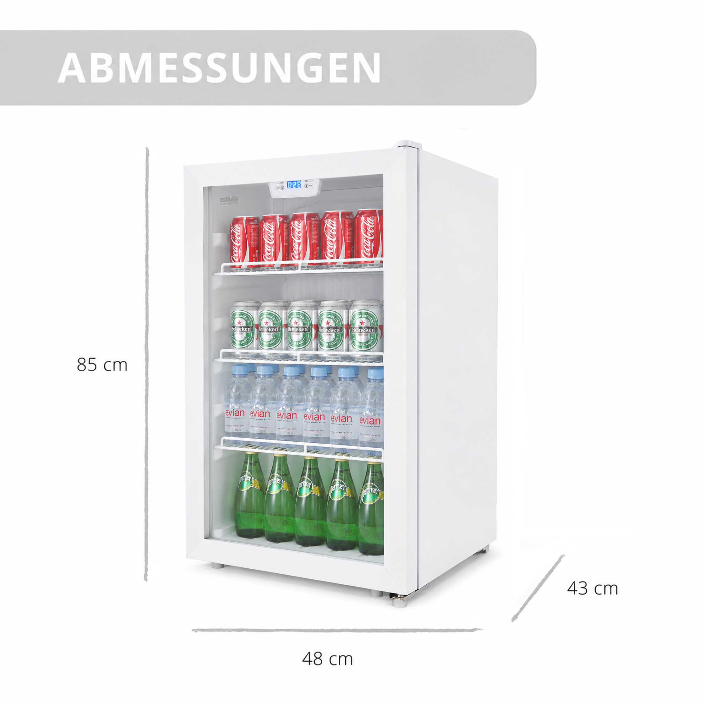 Ein weißer Kühlschrank mit Glasfront, gefüllt mit Coca-Cola, Heineken und Evian.