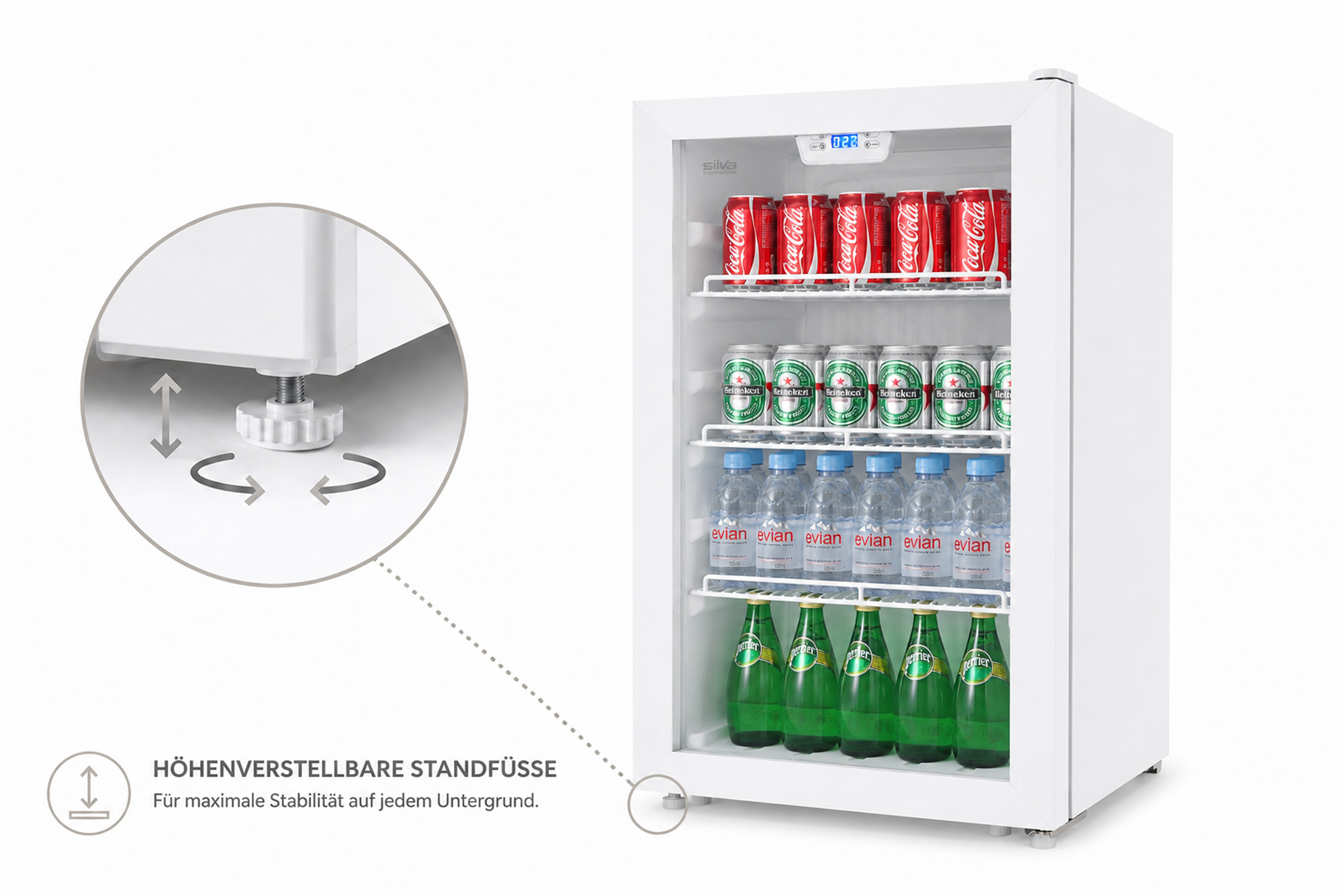 Ein weißer Kühlschrank mit Coca-Cola, Heineken und Evian. Verstellbare Füße.