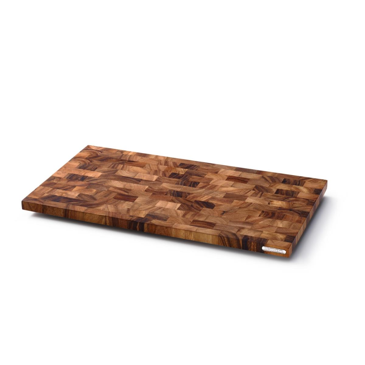 Ein rechteckiges Holzschneidebrett mit Endkorn-Muster aus dunklem Holz.