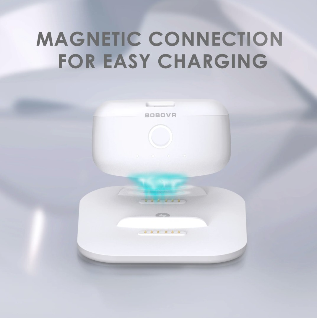 Estuche blanco para auriculares inalámbricos se conecta magnéticamente a la base.