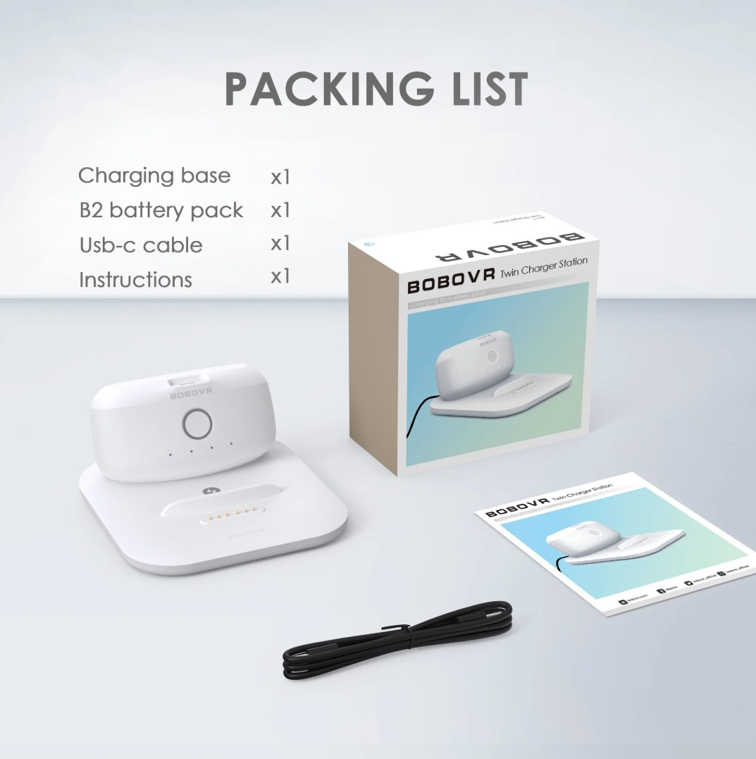 Lista de embalaje: Base de carga, batería, cable USB-C e instrucciones de BOBOVR.