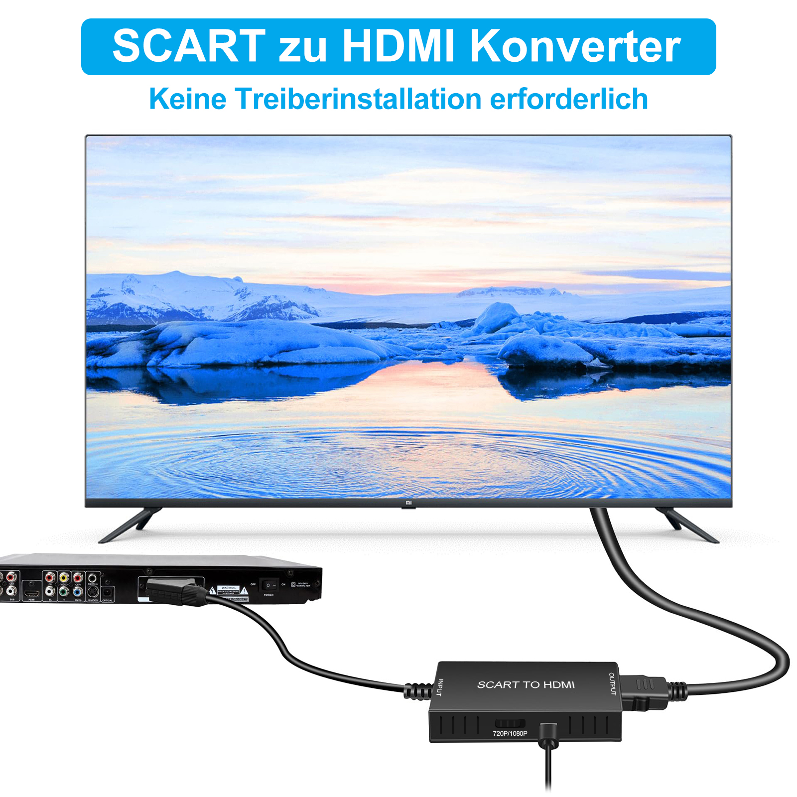 SCART zu HDMI Konverter verbindet Gerät mit Fernseher. Eislandschaft auf dem Bildschirm.