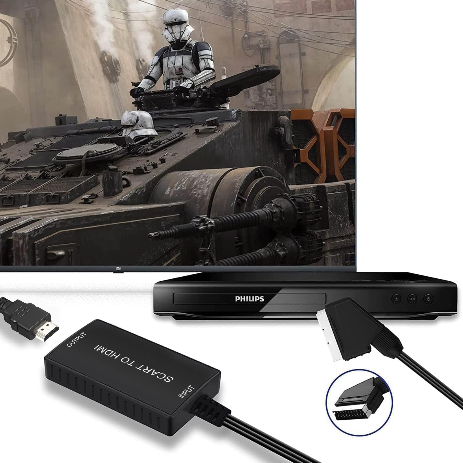 Ein Stormtrooper auf einem Panzer vor einem Fernseher mit DVD-Player und Konvertern.
