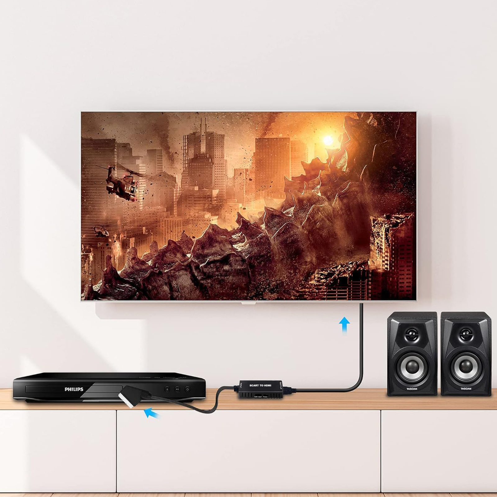 Ein Philips DVD-Player ist mit einem SCART-zu-HDMI-Adapter verbunden, der an einen Fernseher angeschlossen ist.