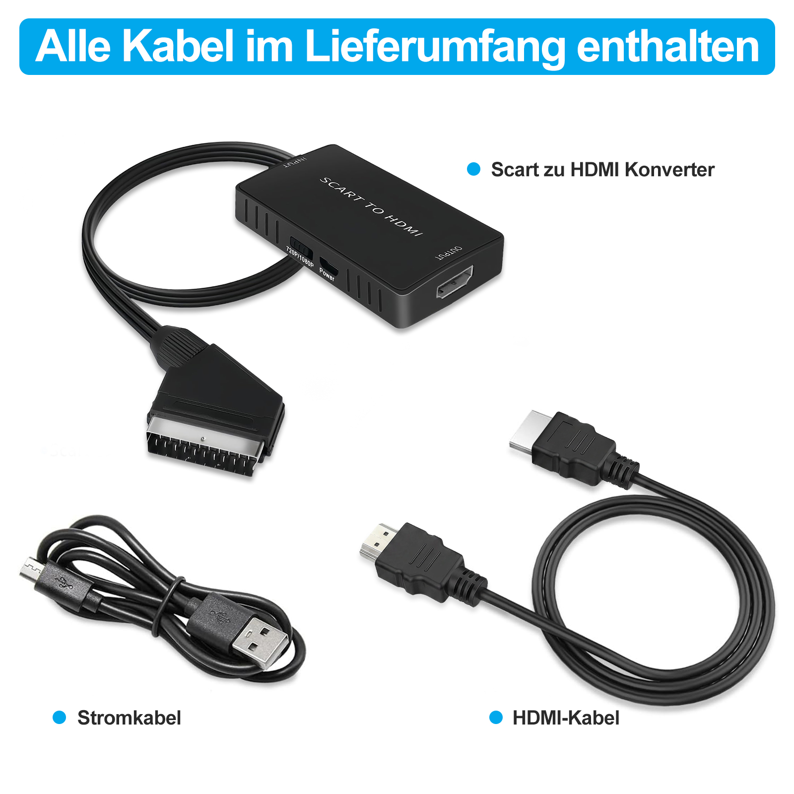 Ein Scart-zu-HDMI-Konverter mit Strom- und HDMI-Kabeln.