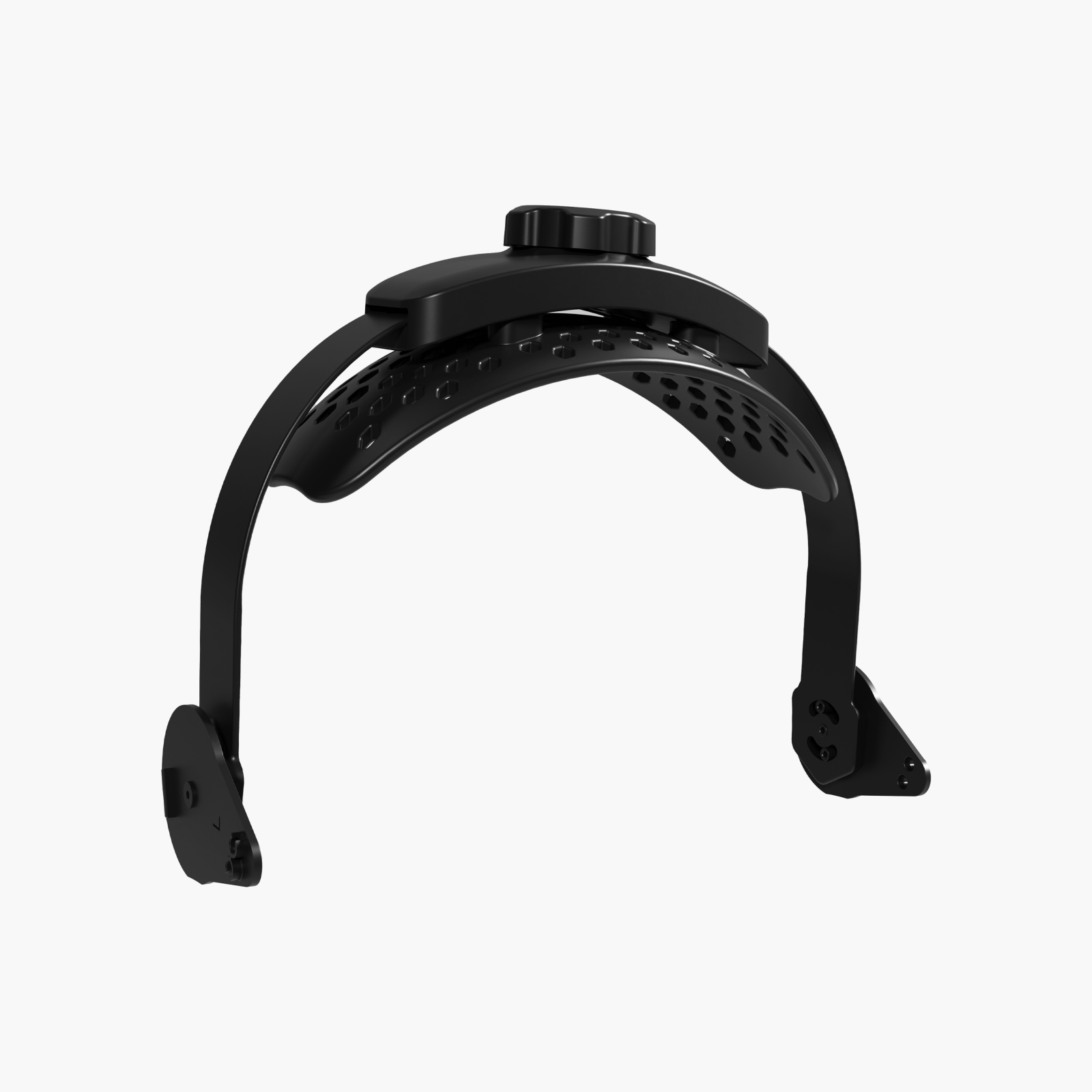Soporte de cinta para la cabeza negro con perilla ajustable y arco perforado.