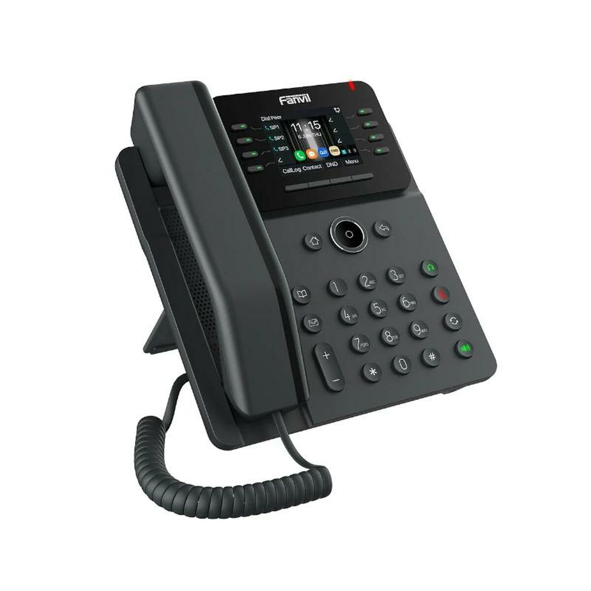 Ein schwarzes Tischtelefon mit einem Hörer und einem beleuchteten Bildschirm.