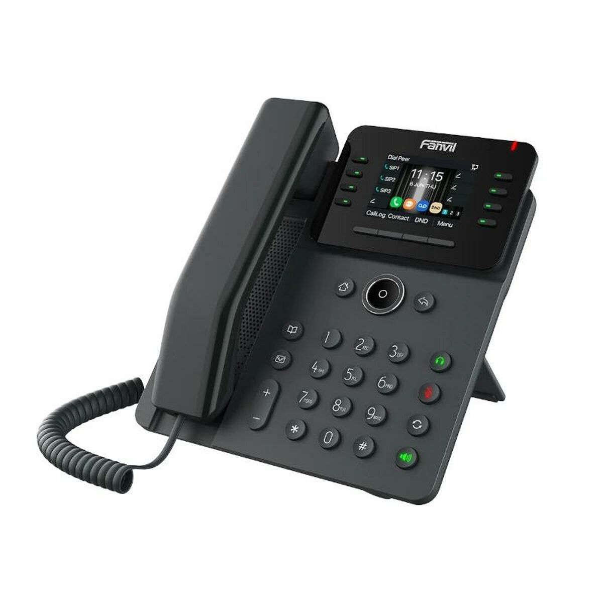 Ein schwarzes Fanvil-Tischtelefon mit einem abnehmbaren Hörer und einem Farbdisplay.