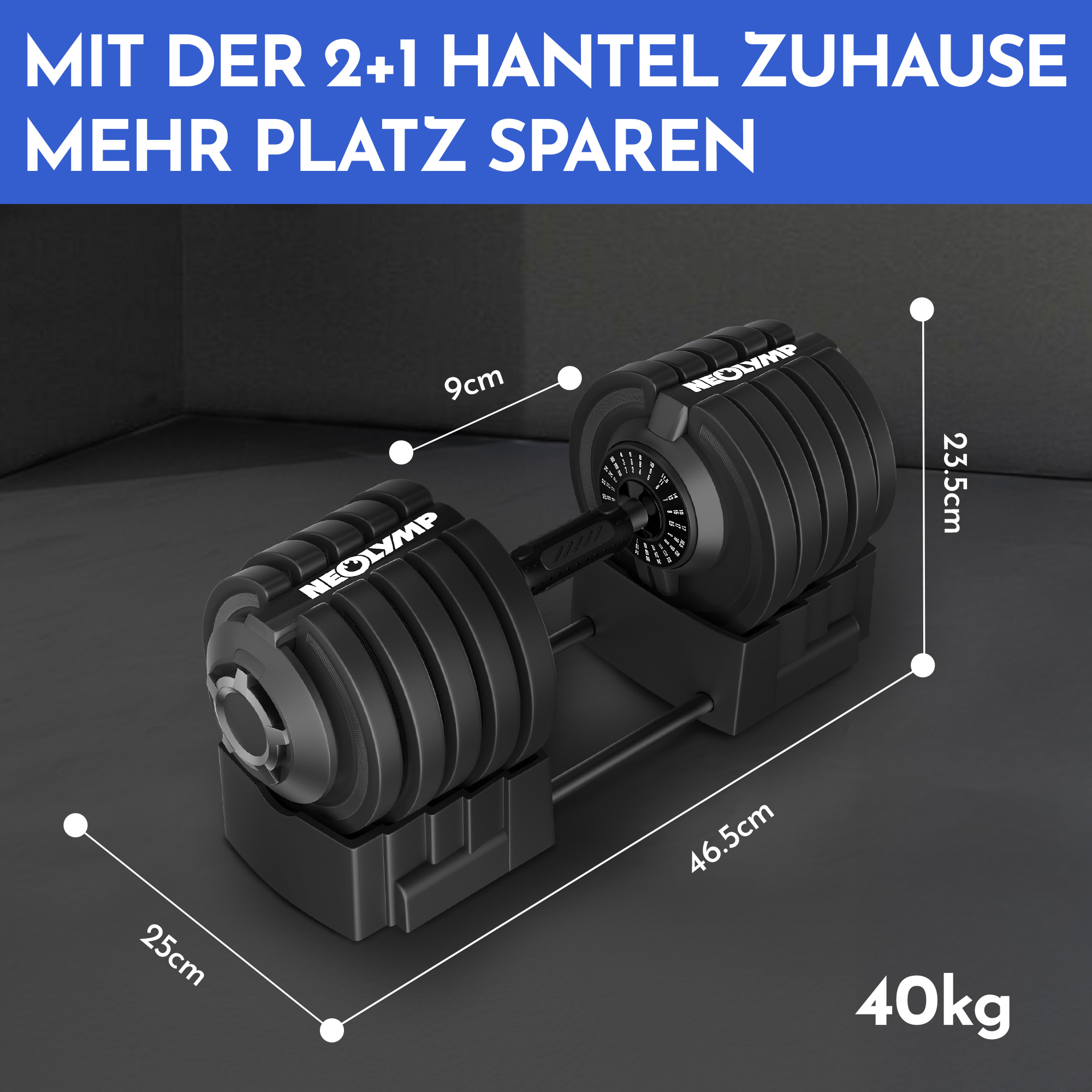 Ein 40kg verstellbarer Hantel-Set auf einem Ständer, Maße 46.5cm x 23.5cm.