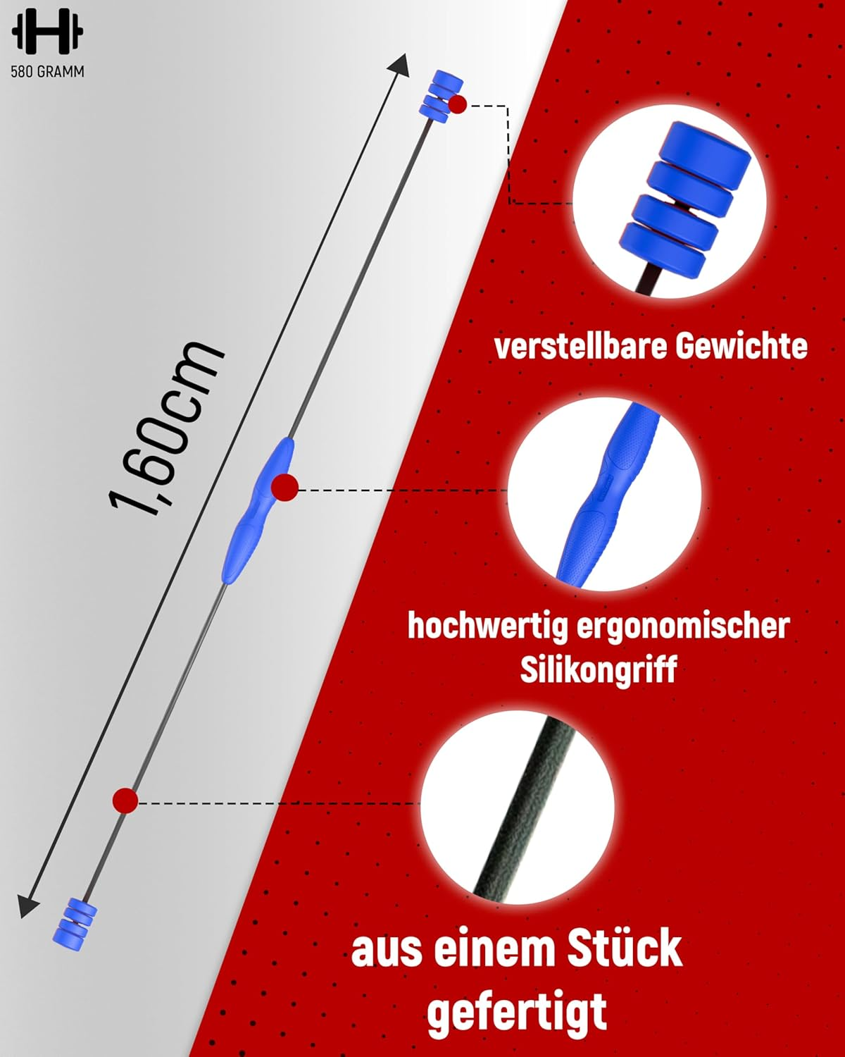 Ein 1,60 m langer, einteiliger schwarzer Stab mit blauen, verstellbaren Gewichten und Griff.